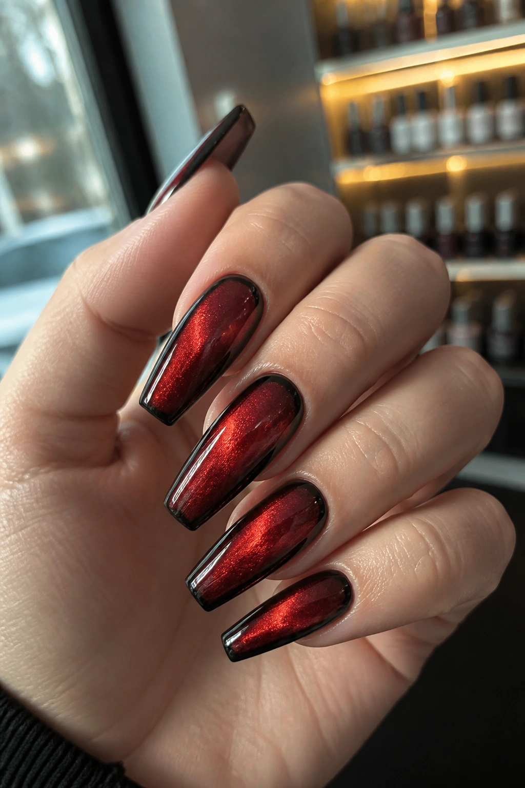 Velvet red cat-eye nails with black framing on a real hand