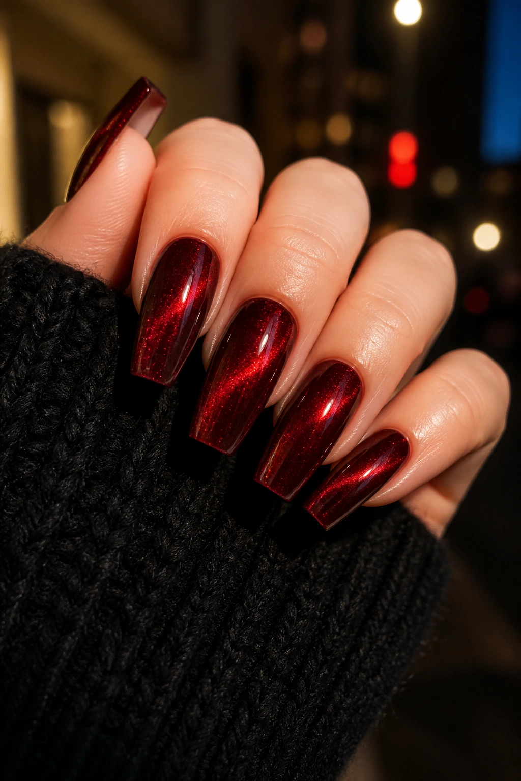Cat-eye cherry red coffin nails with diagonal shimmer