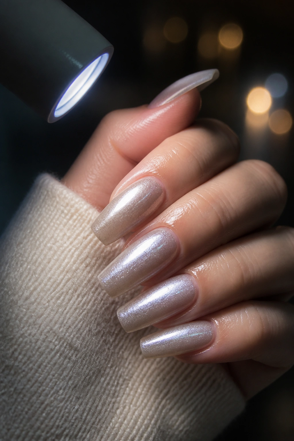 Close-up of coffin nails with cat-eye glow and pearl finish on a real hand