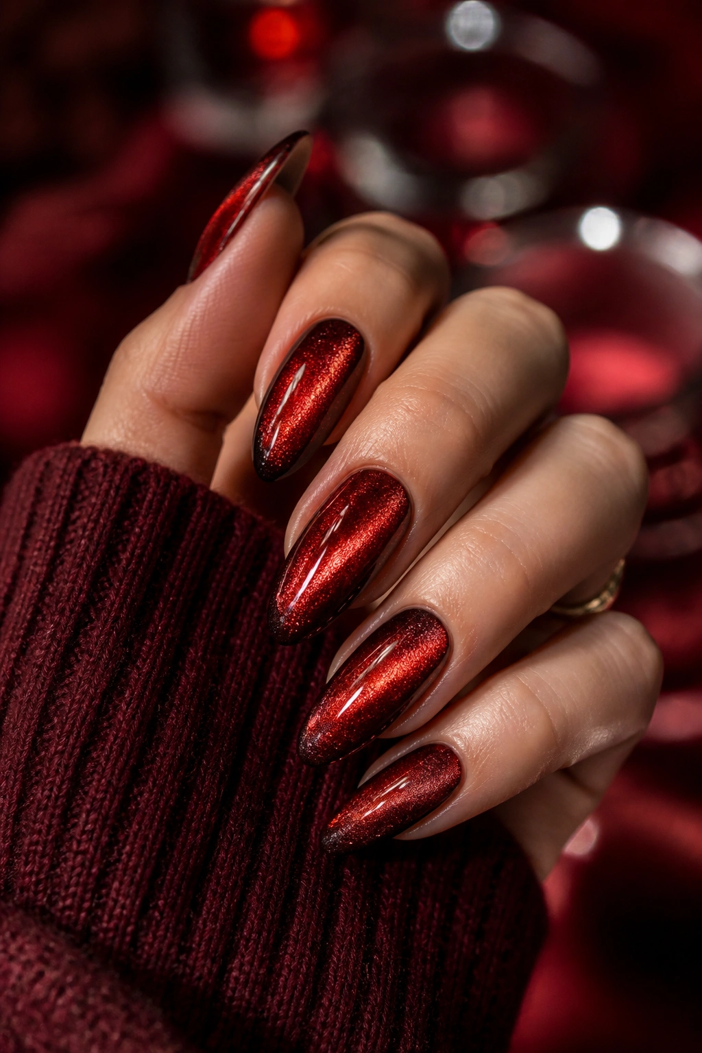 Ruby cat-eye velvet almond nails with magnetic stripe