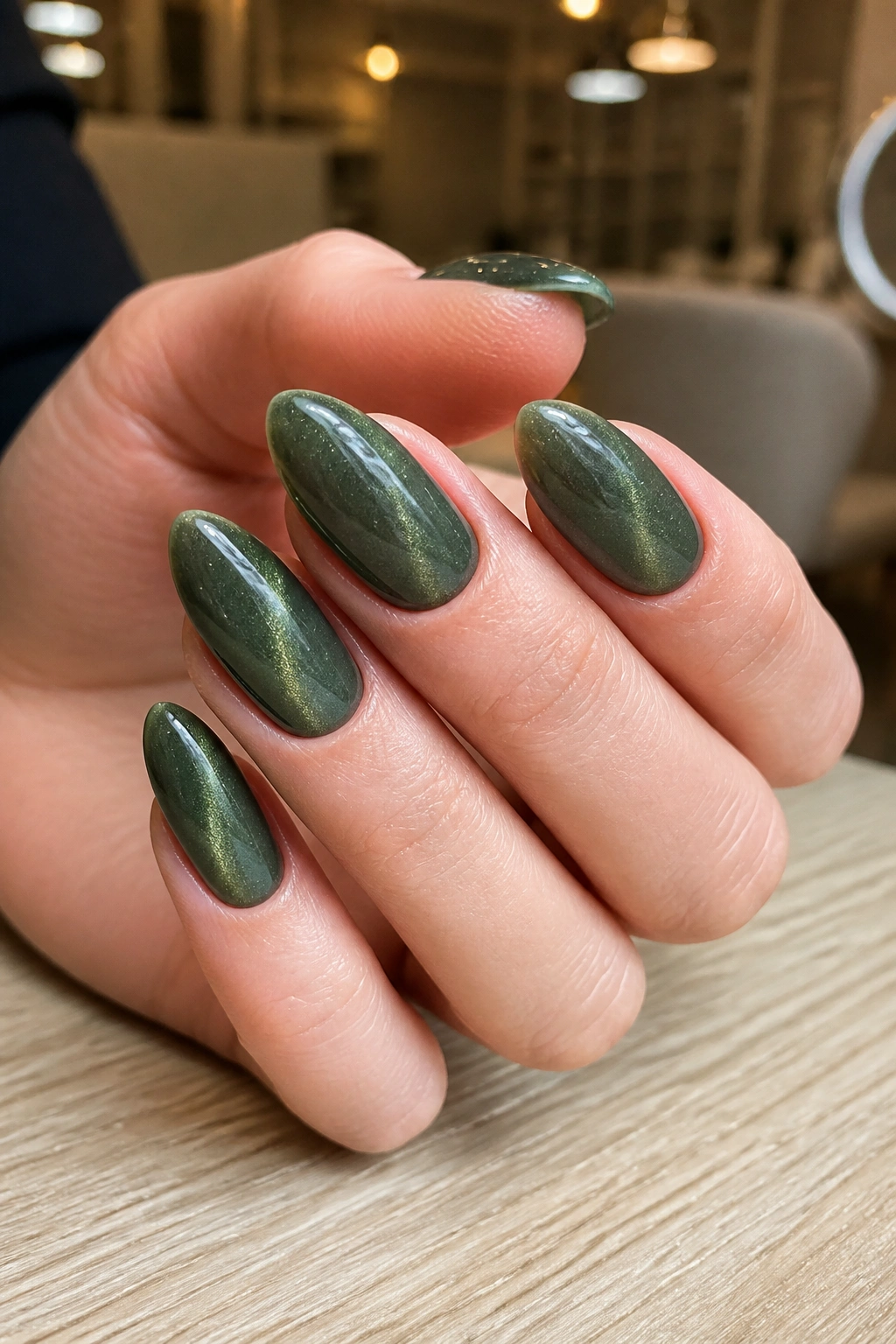 Close-up of velvet cat-eye effect on sage green almond nails with diagonal magnetic streak