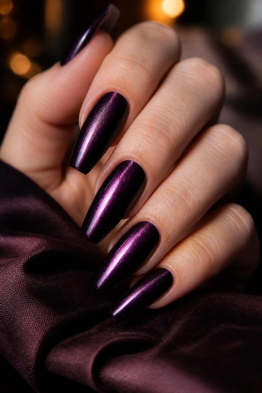 Close-up of Blackberry Cat-Eye Velvet Coffin Nails showing magnetic stripe.