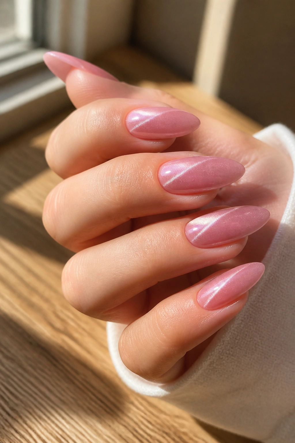 Close-up of velvet cat-eye pink nails on a real hand with diagonal magnetic streak