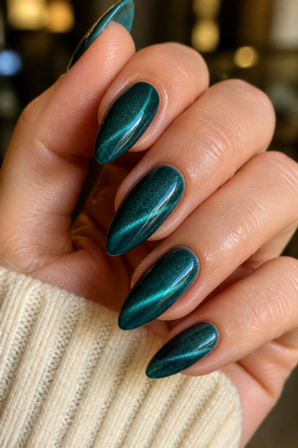 Close-up of almond nails with cat-eye teal and magnetic flash on a real hand