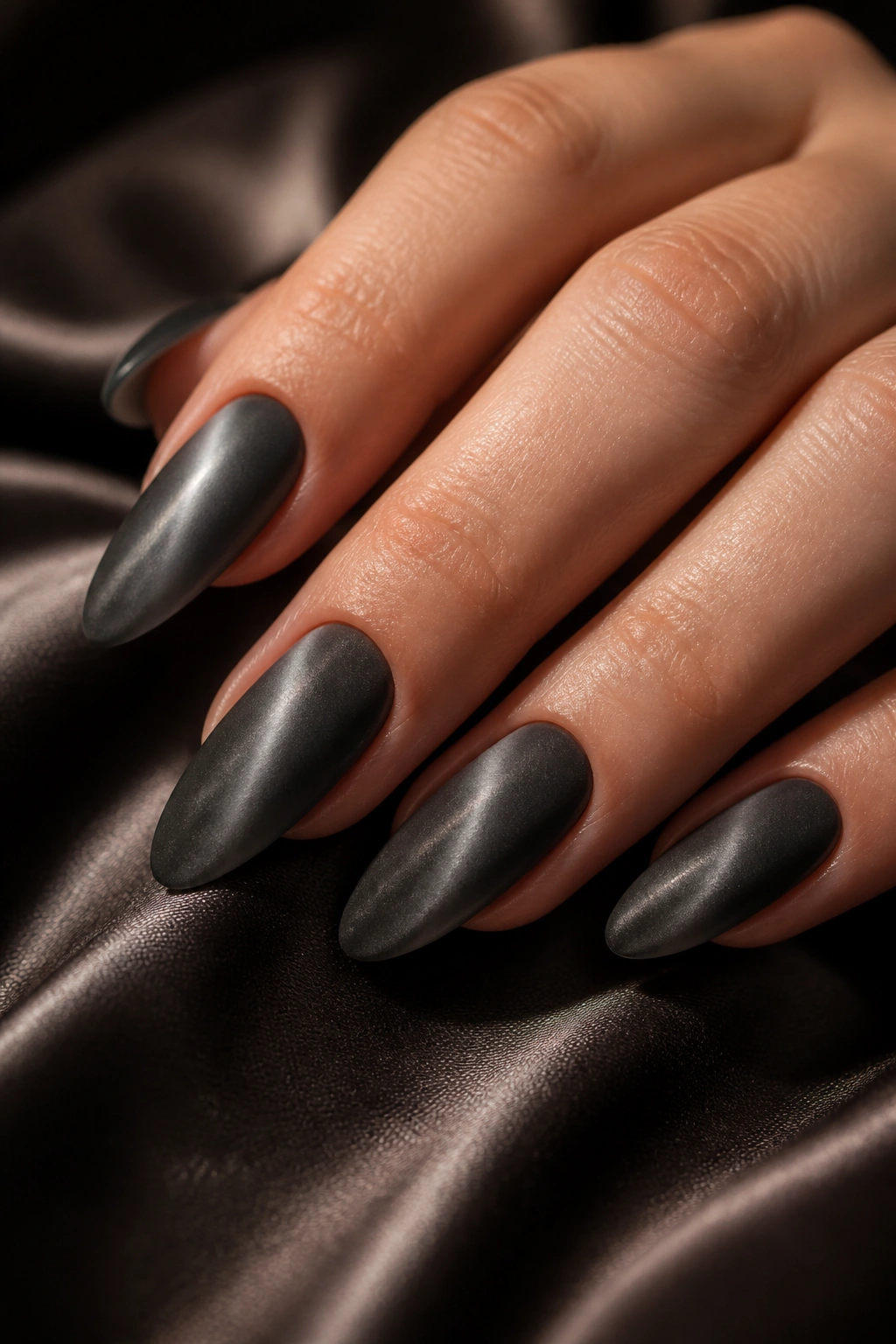 Close-up of a hand showing charcoal cat-eye velvet almond nails with a centered reflective stripe