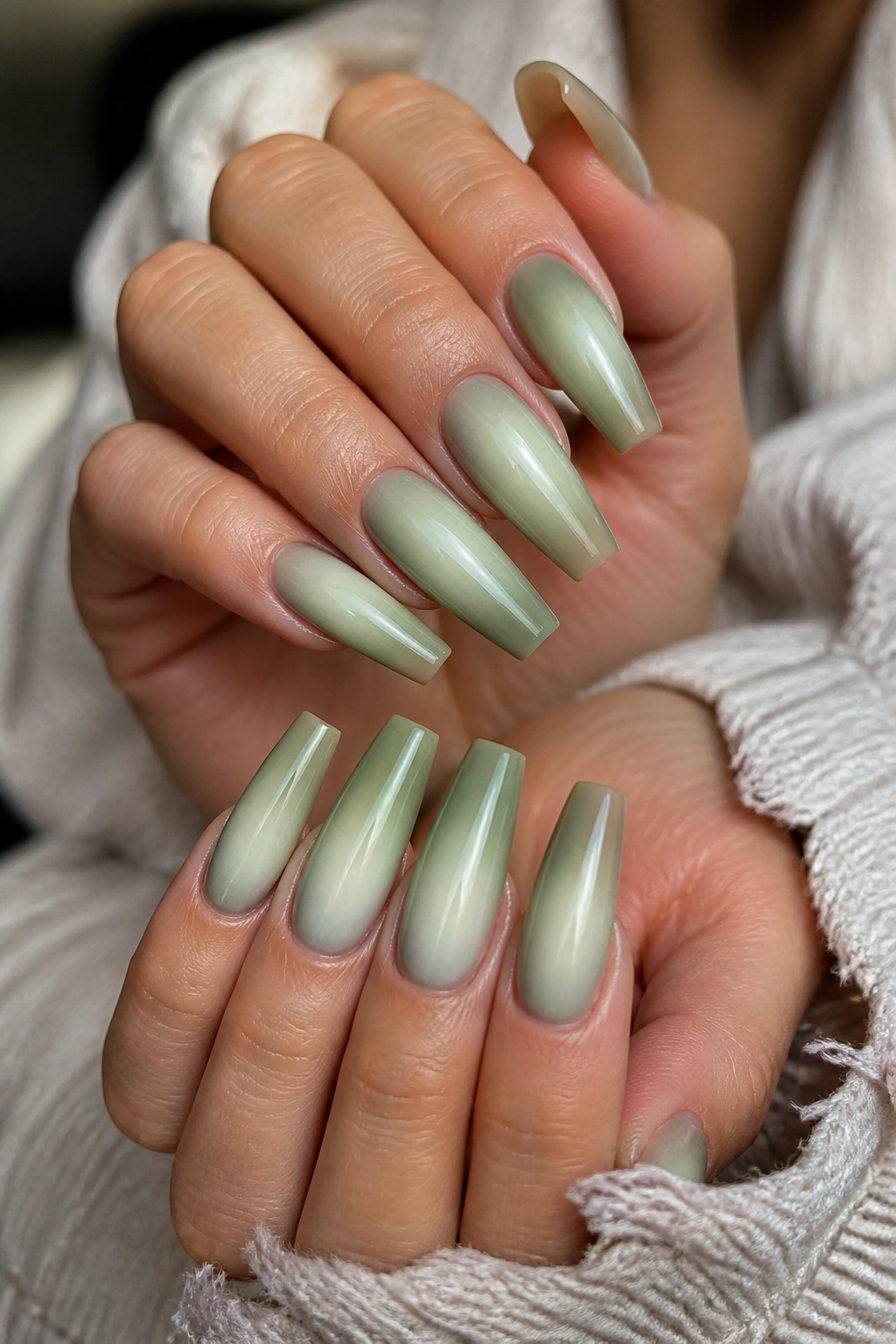 Close-up of aura nails in celadon and sage tones on a real hand