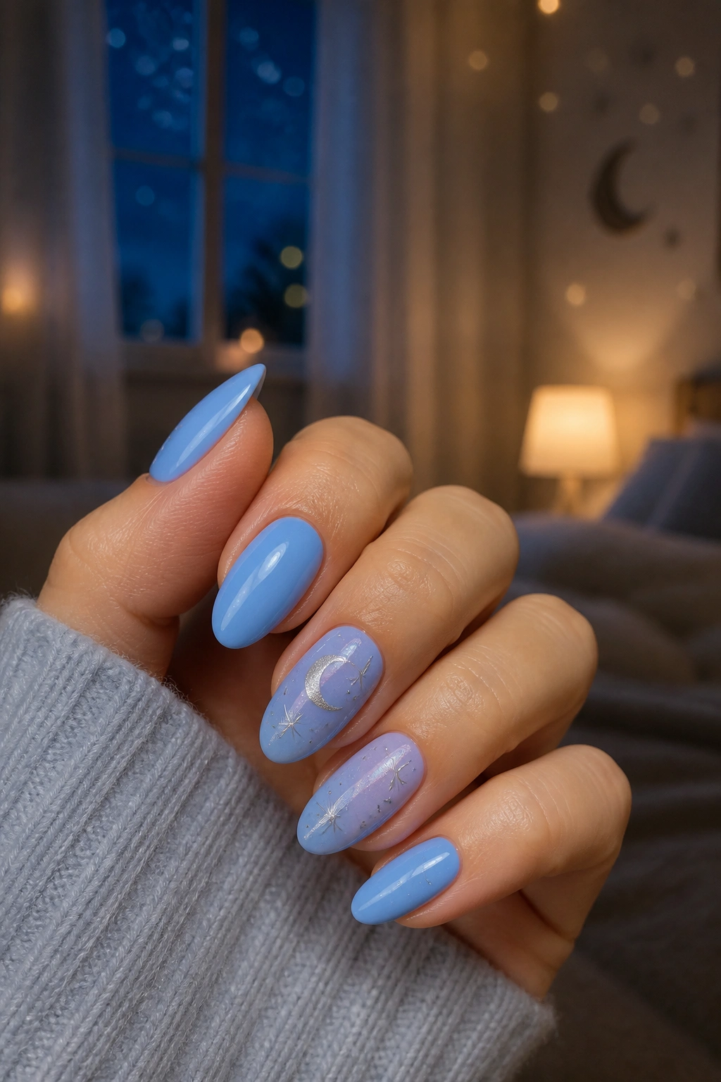 Close-up of almond nails with tiny celestial decals (stars and moon) on a light blue base