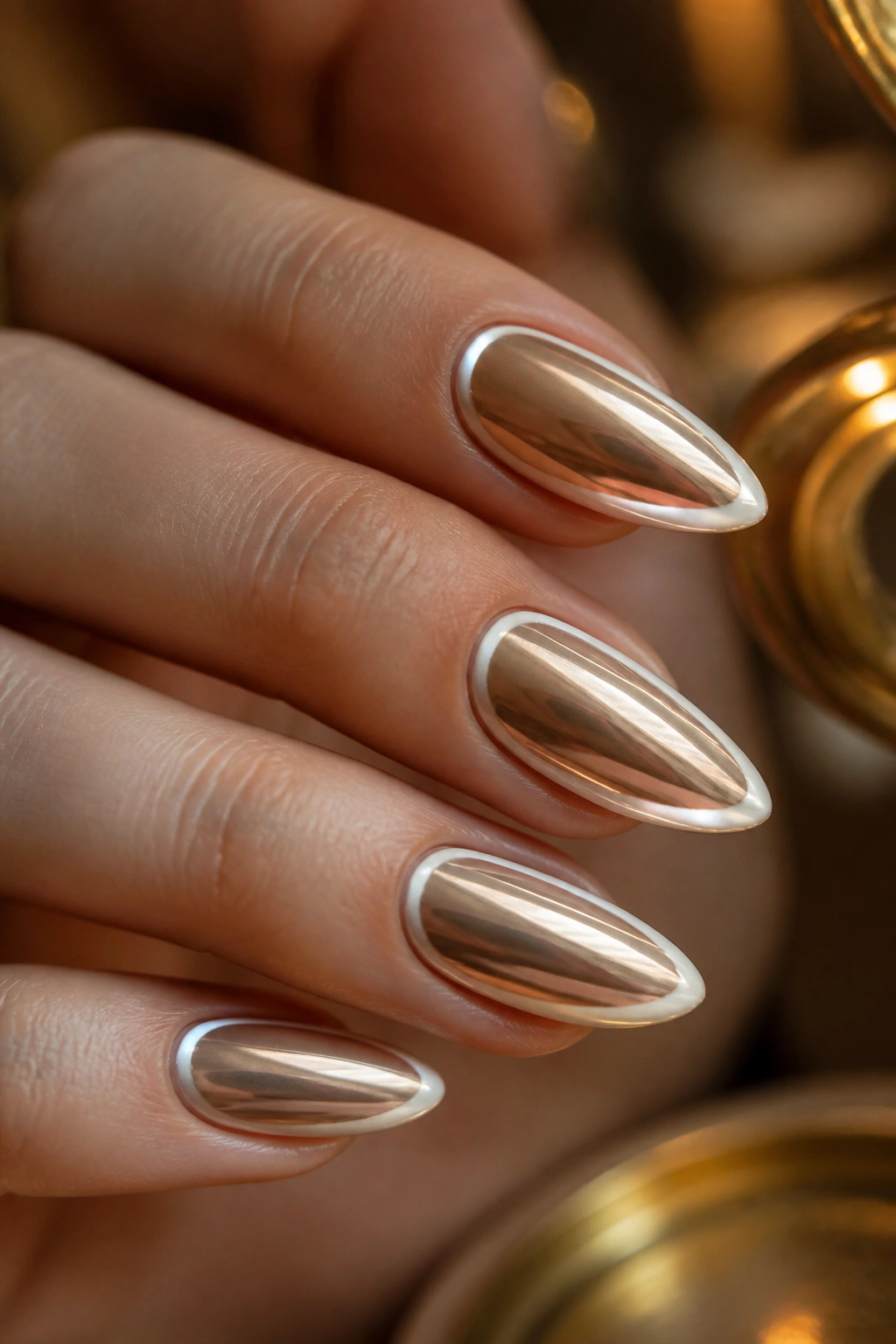 Champagne chrome almond nails with soft pearl edge