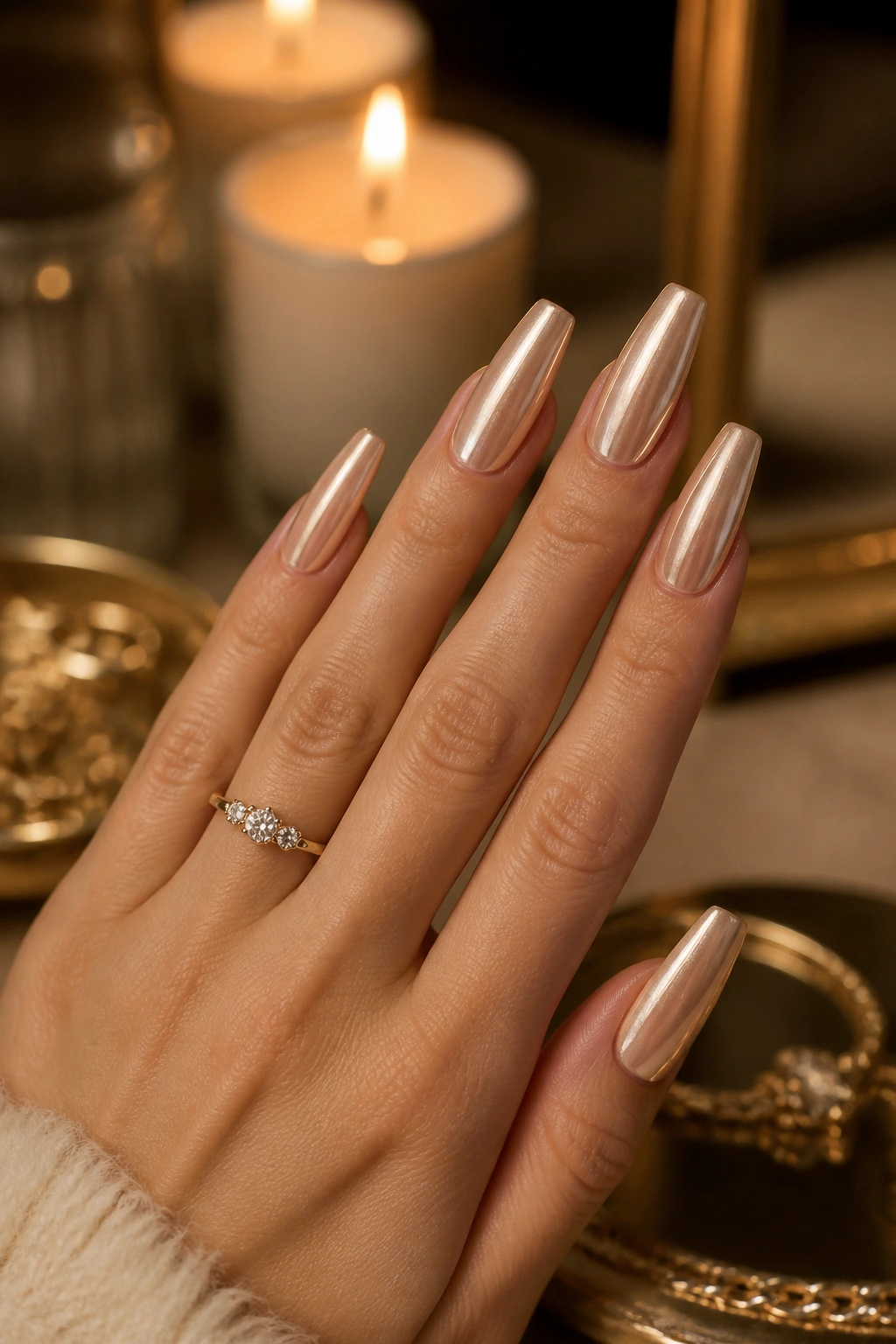 Close-up of champagne-chrome coffin nails on a hand with a yellow-gold ring in warm candlelight