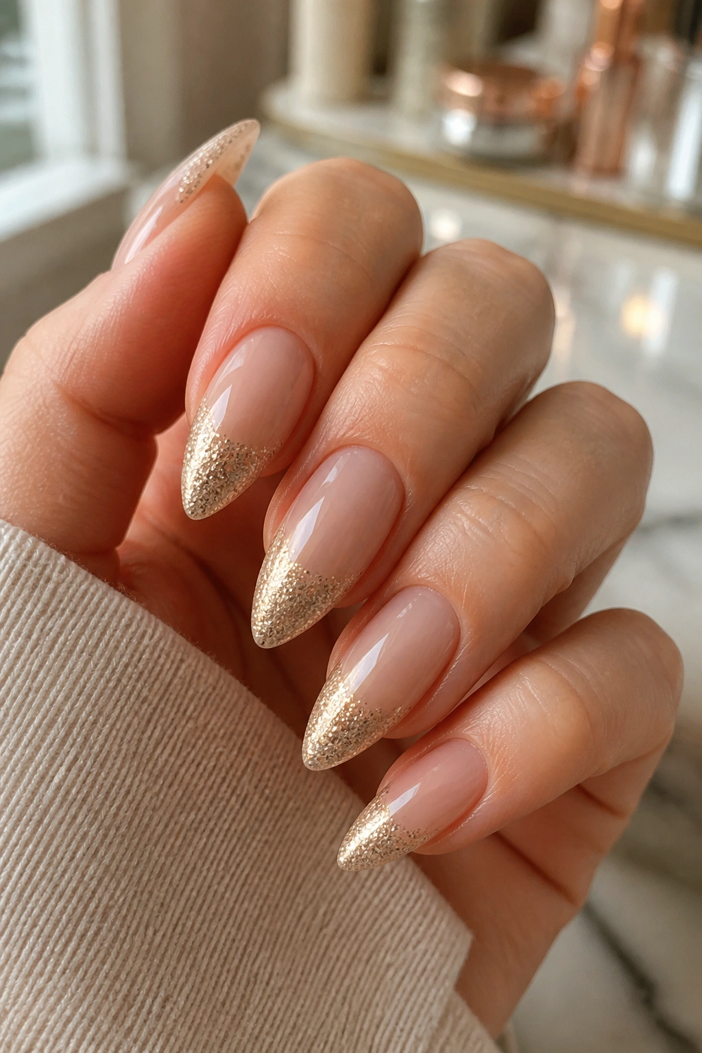 Close-up of almond nails with champagne glitter tips on a sheer nude base