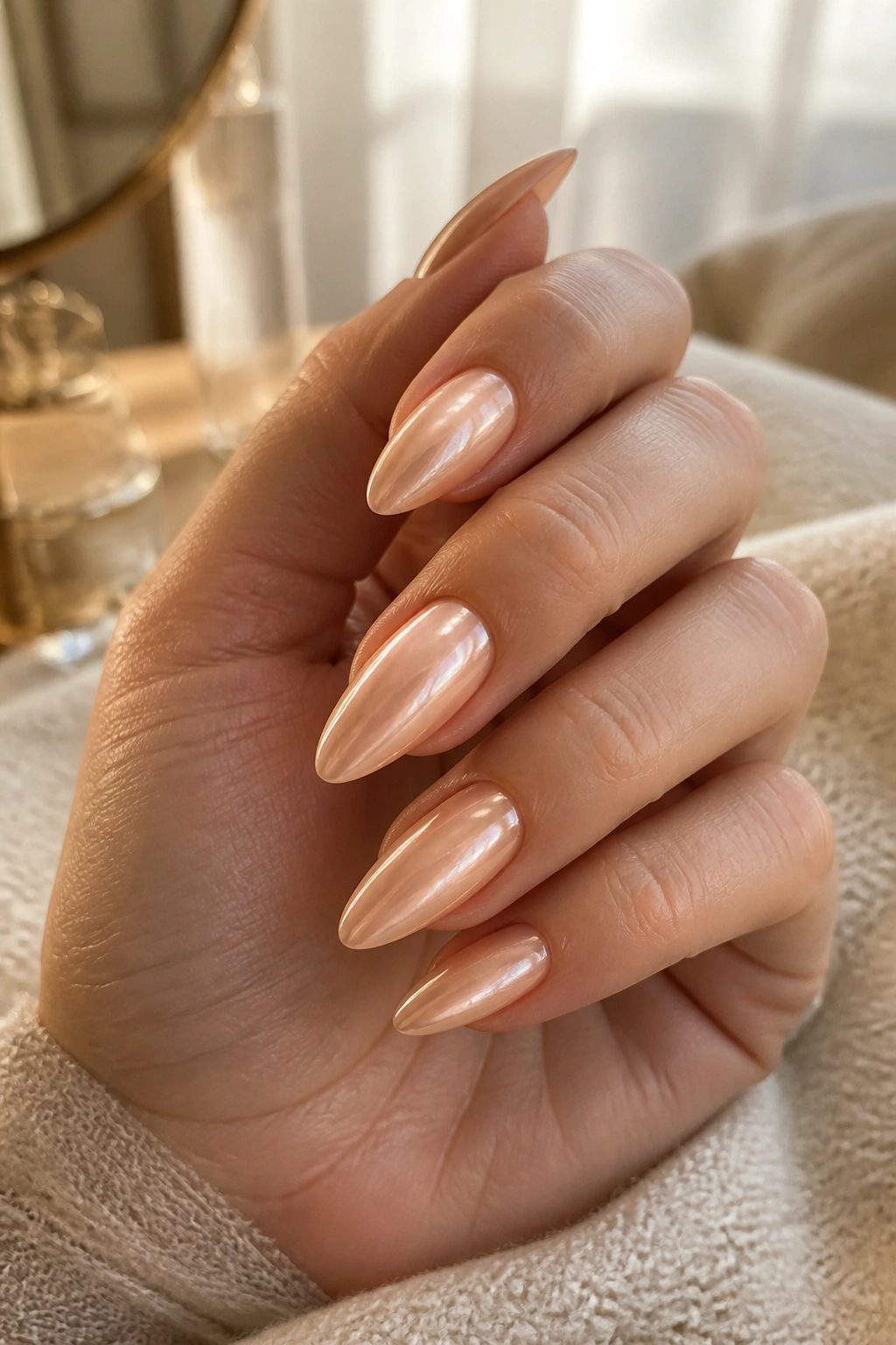 Close-up of bare champagne nude chrome almond nails on a real hand