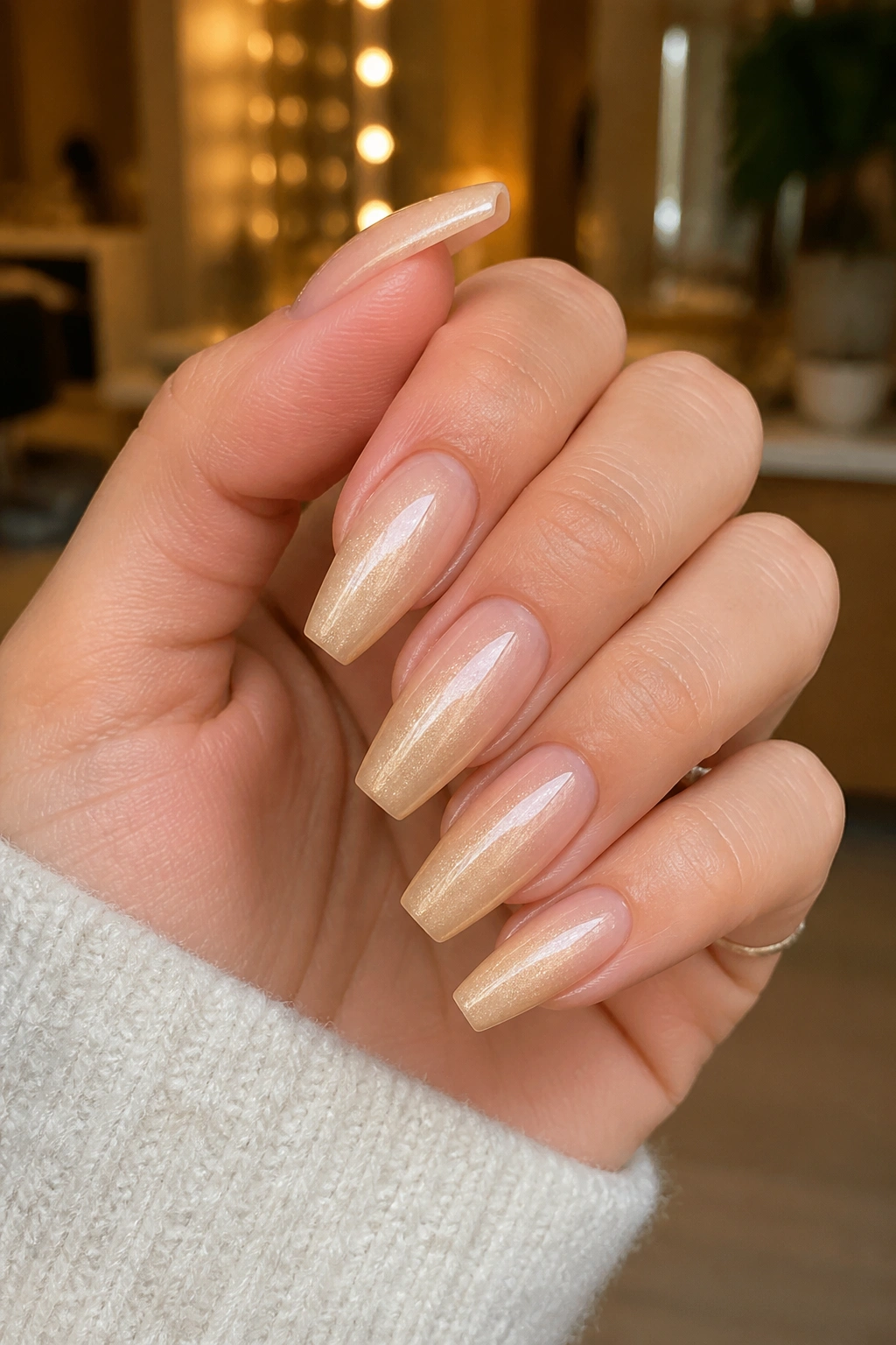 Champagne ombré coffin nails close-up on real hand