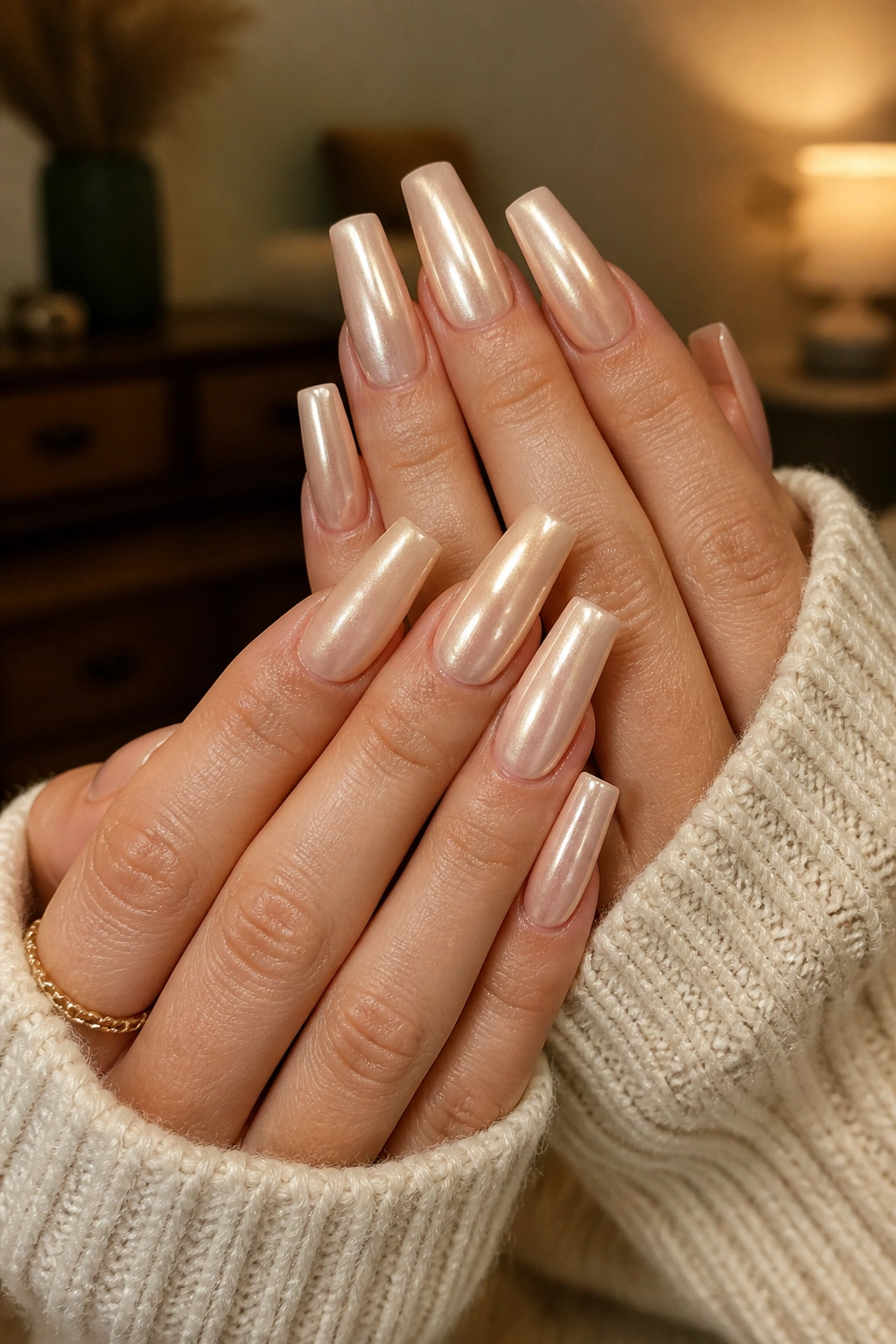 Close-up of hands with champagne pearl coffin nails shimmering beige-gold under warm lighting.