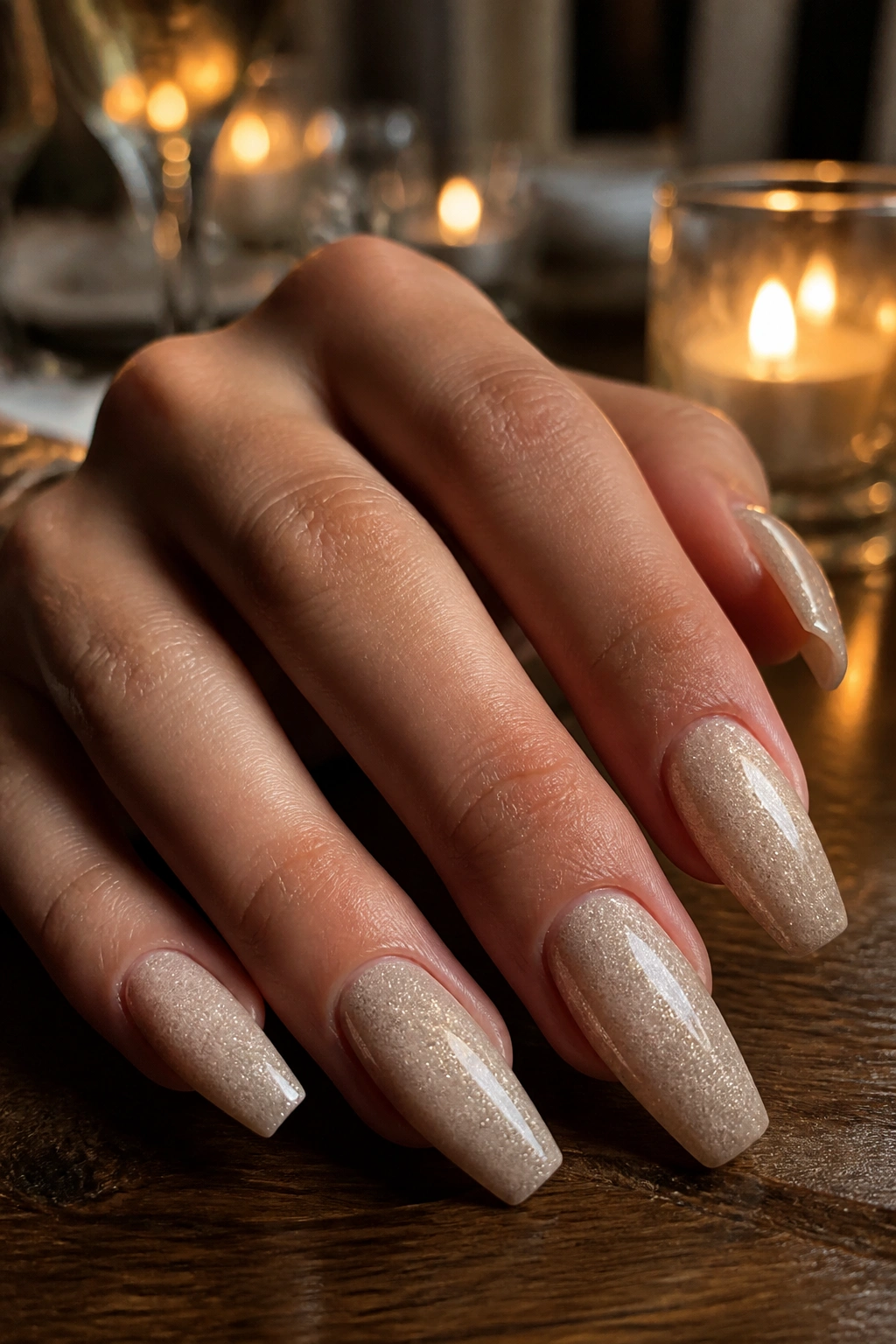 Close-up of champagne shimmer coffin nails under warm evening light