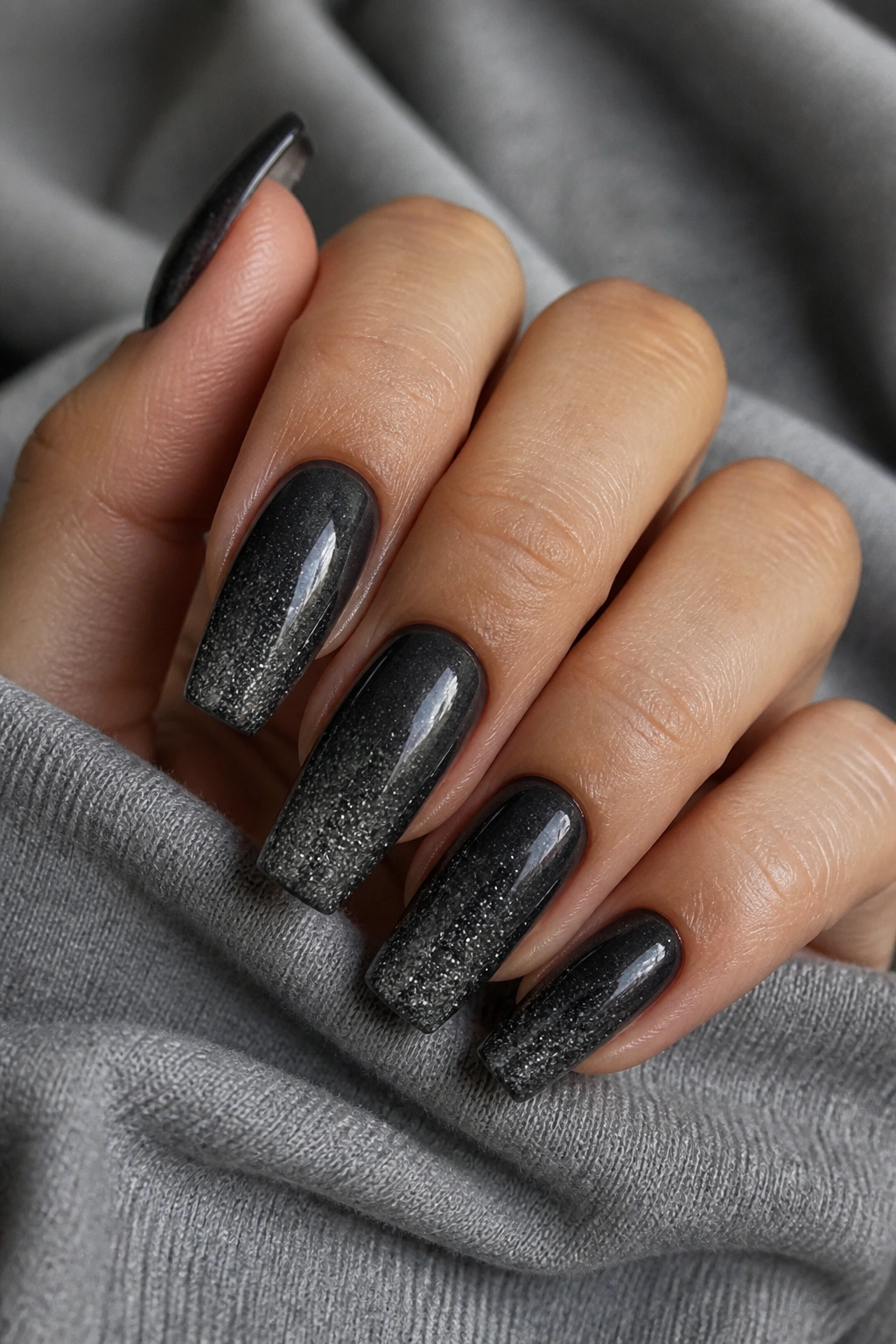 Close-up of charcoal glitter fade coffin nails on a real hand.