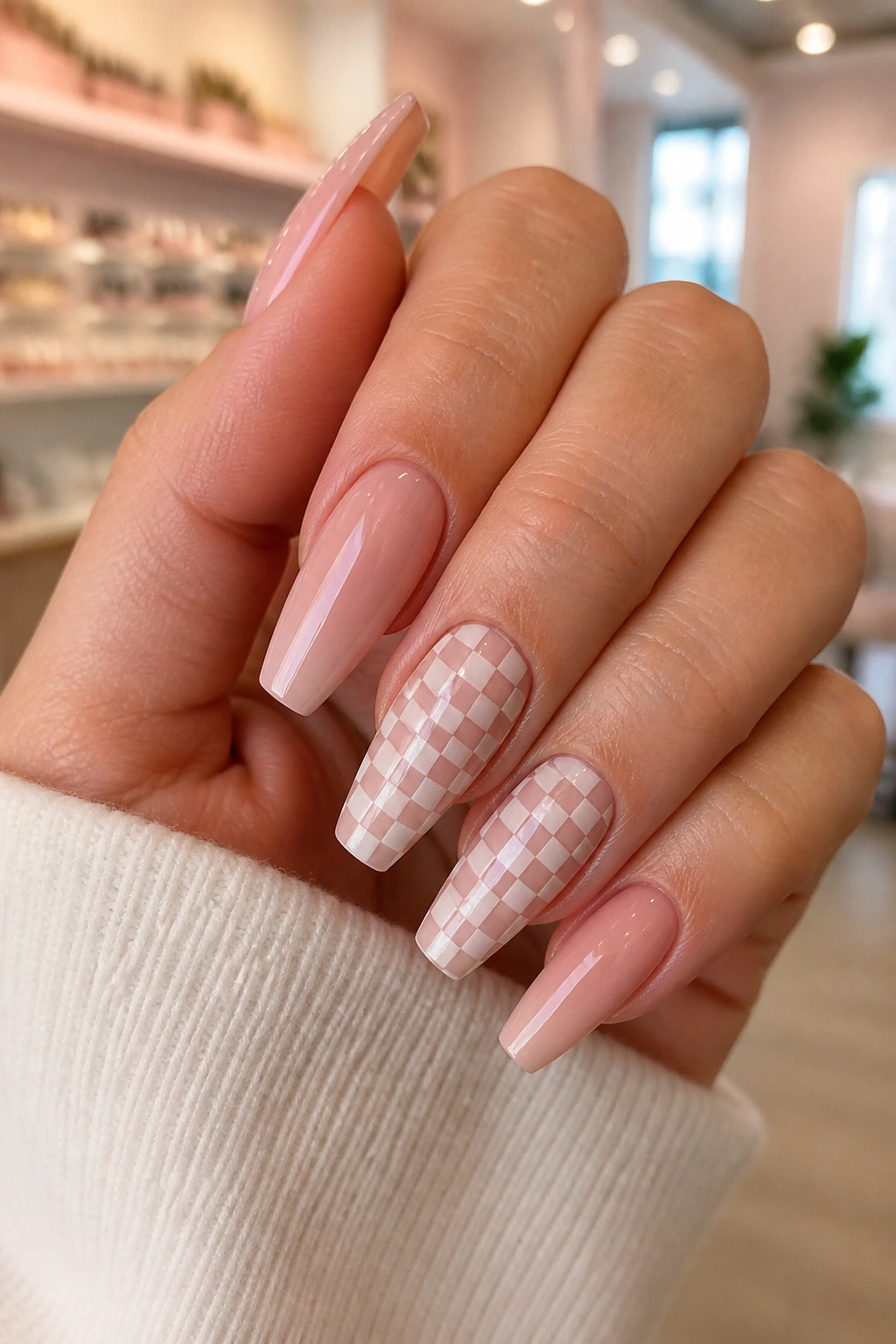 Coffin nails with checkerboard accent on a real hand