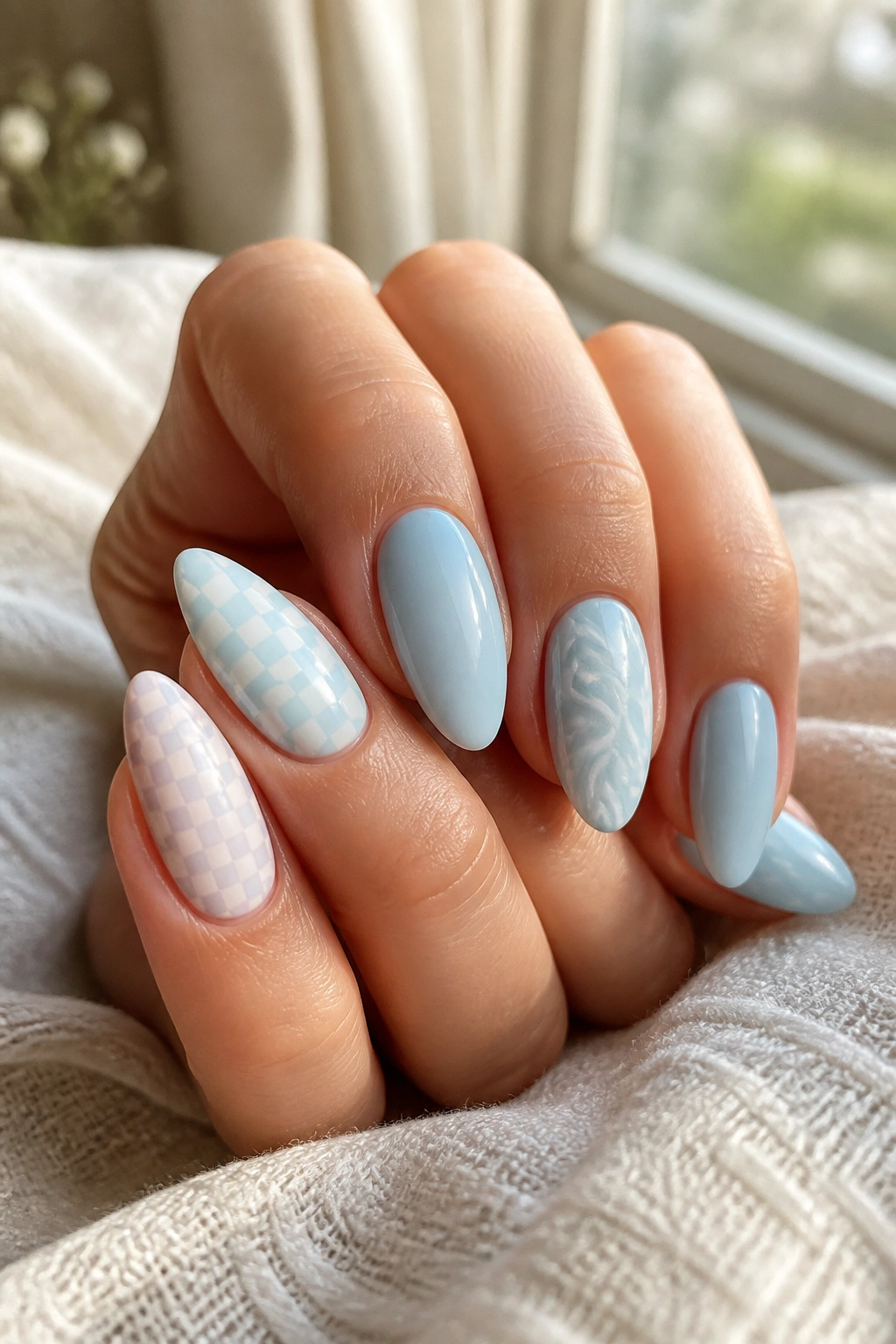 Close-up of baby blue almond nails with checkerboard and swirl patterns