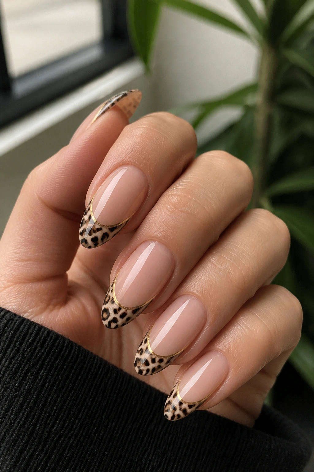 Almond nails with cheetah tips and a thin gold line on a soft pink base