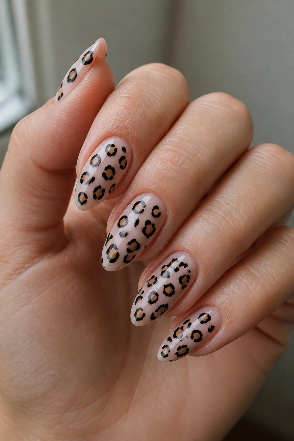 Milky pink almond nails with black and tan cheetah spots