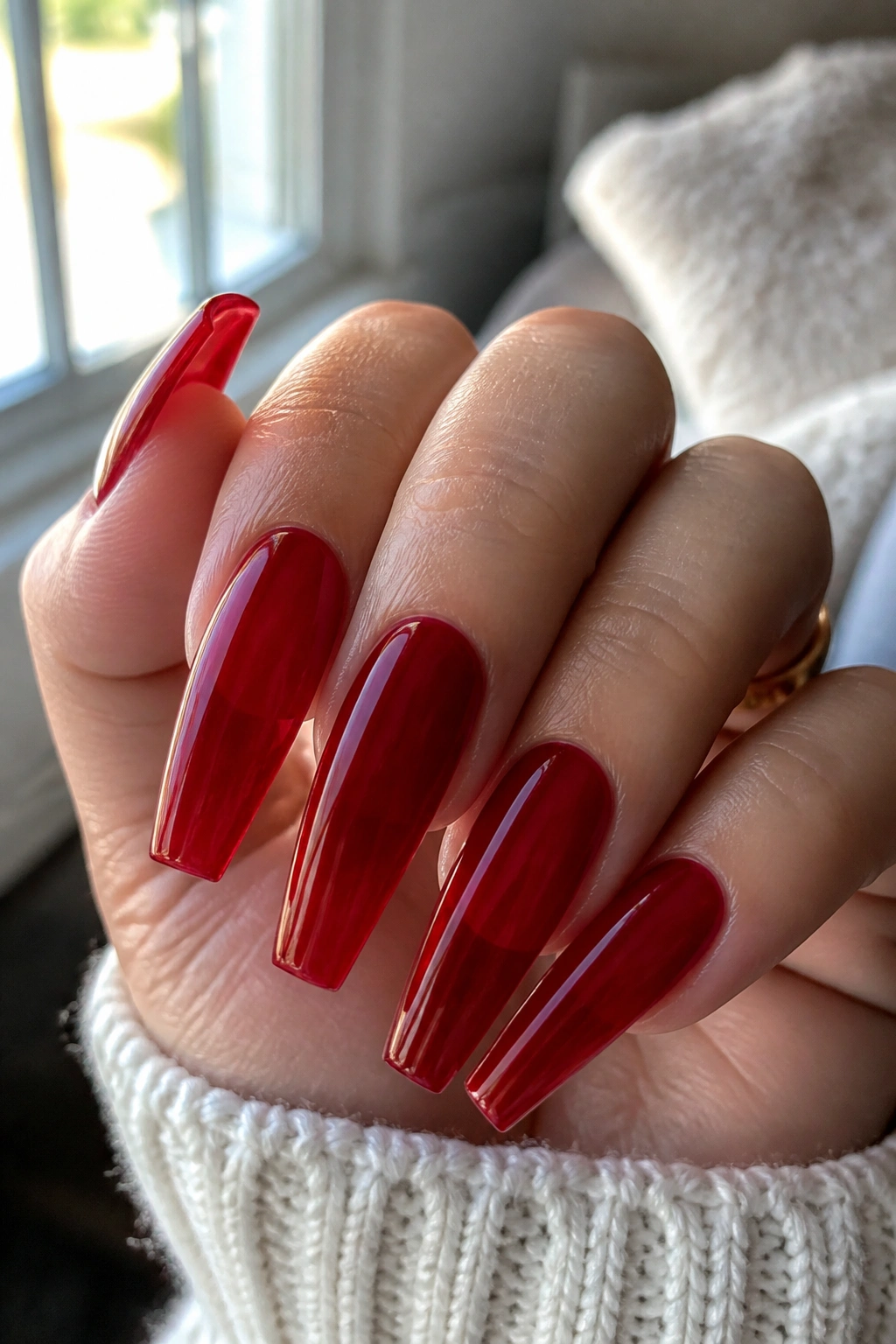 Close-up of cherry jelly coffin nails on a real hand