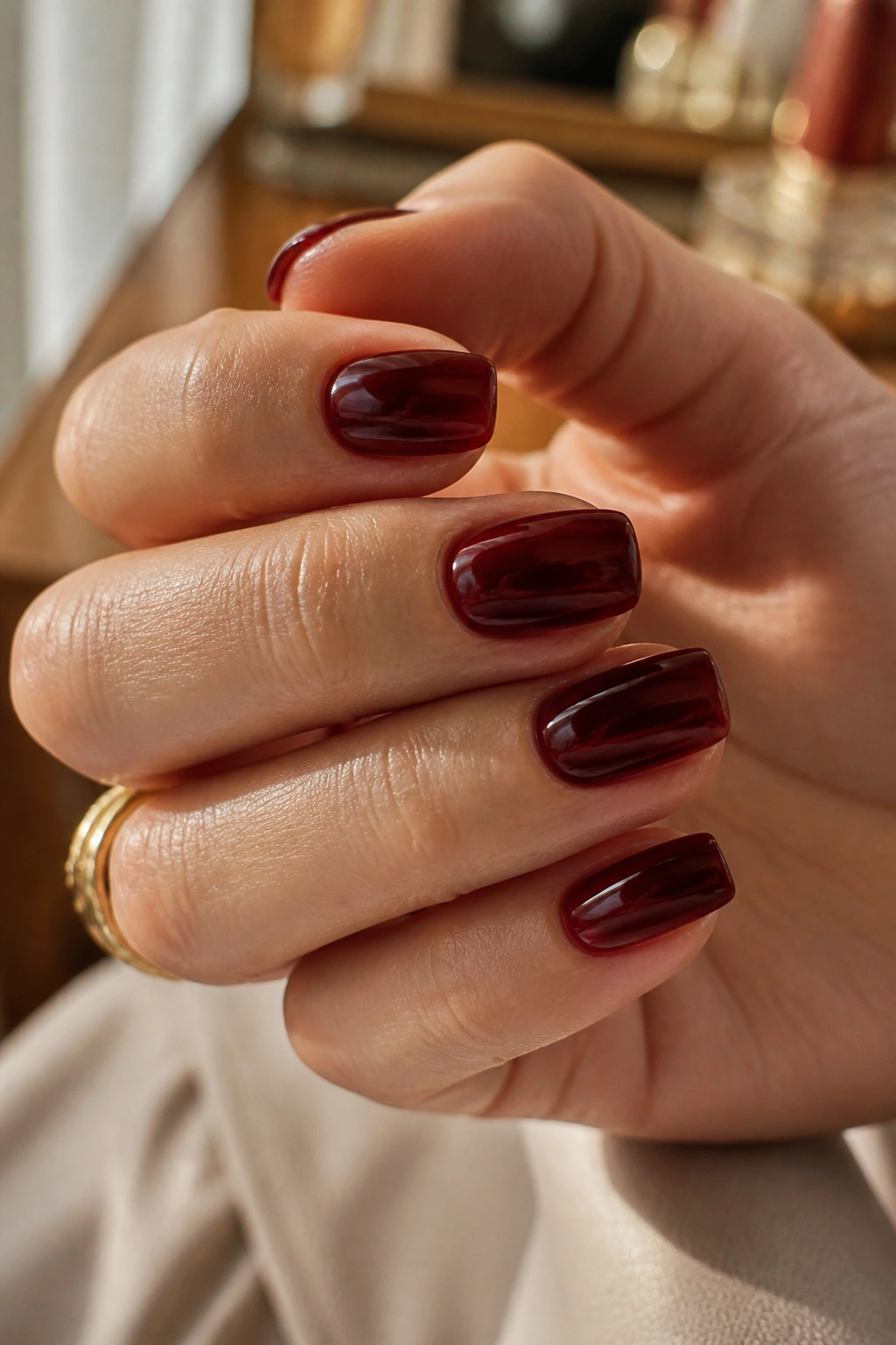 Close-up of deep cherry jelly nails on a short coffin manicure.