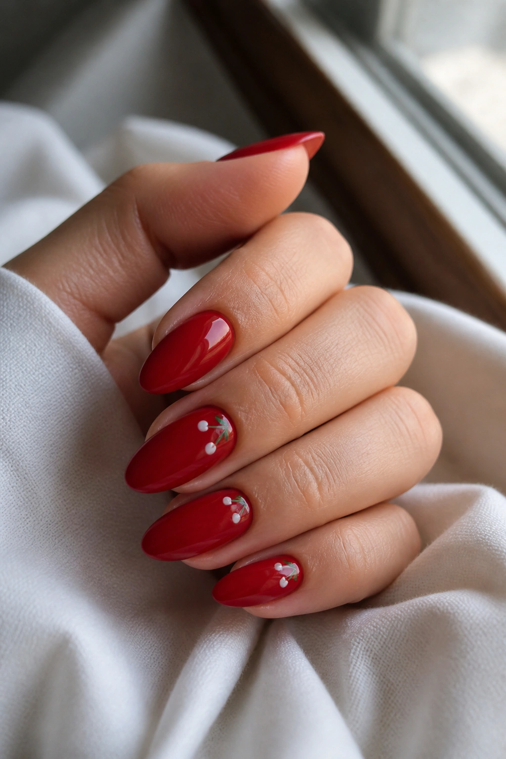 Close-up of a real hand with red almond nails featuring cherry dot accents on the accent nail