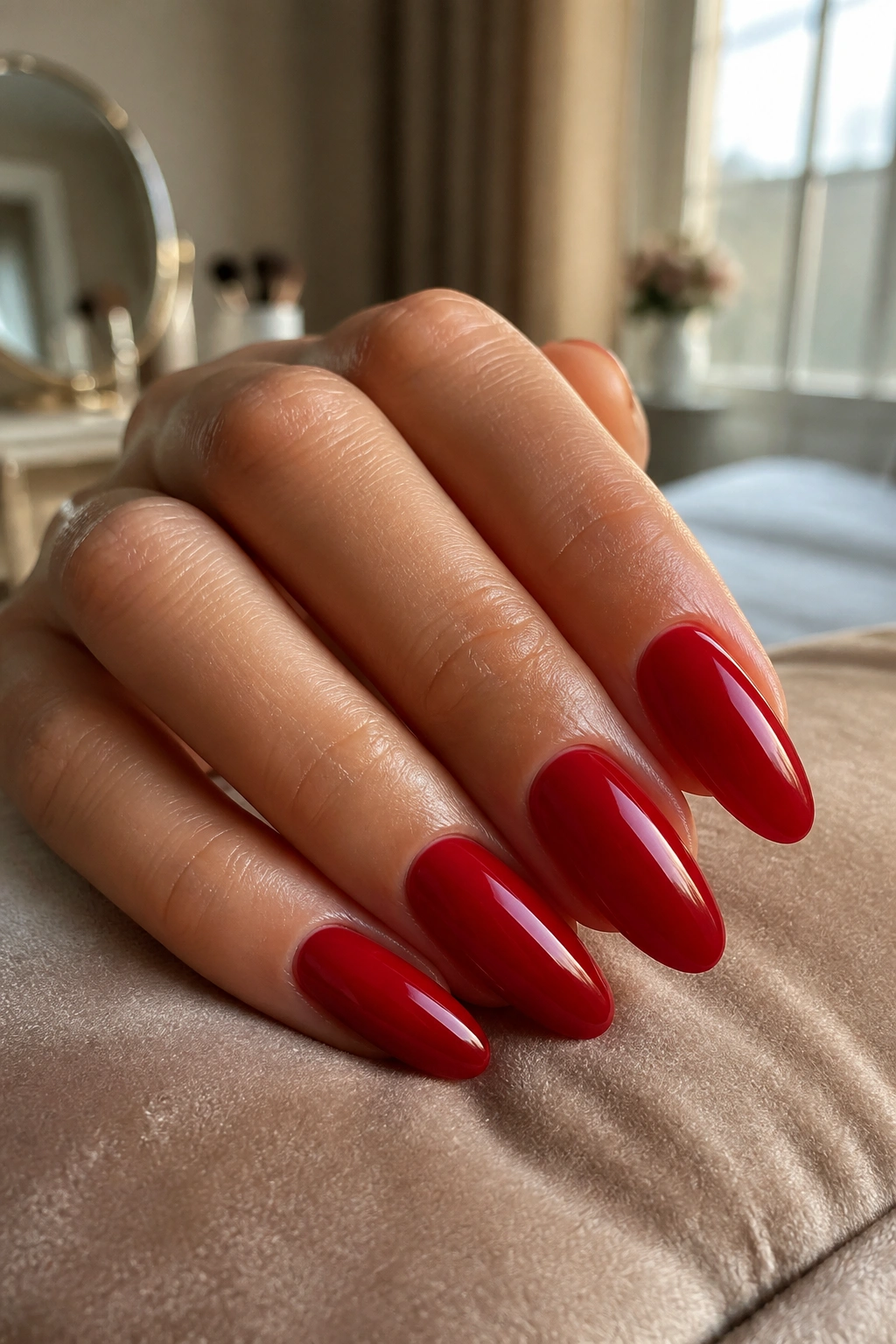 Close-up of a real hand with glossy cherry red almond nails.