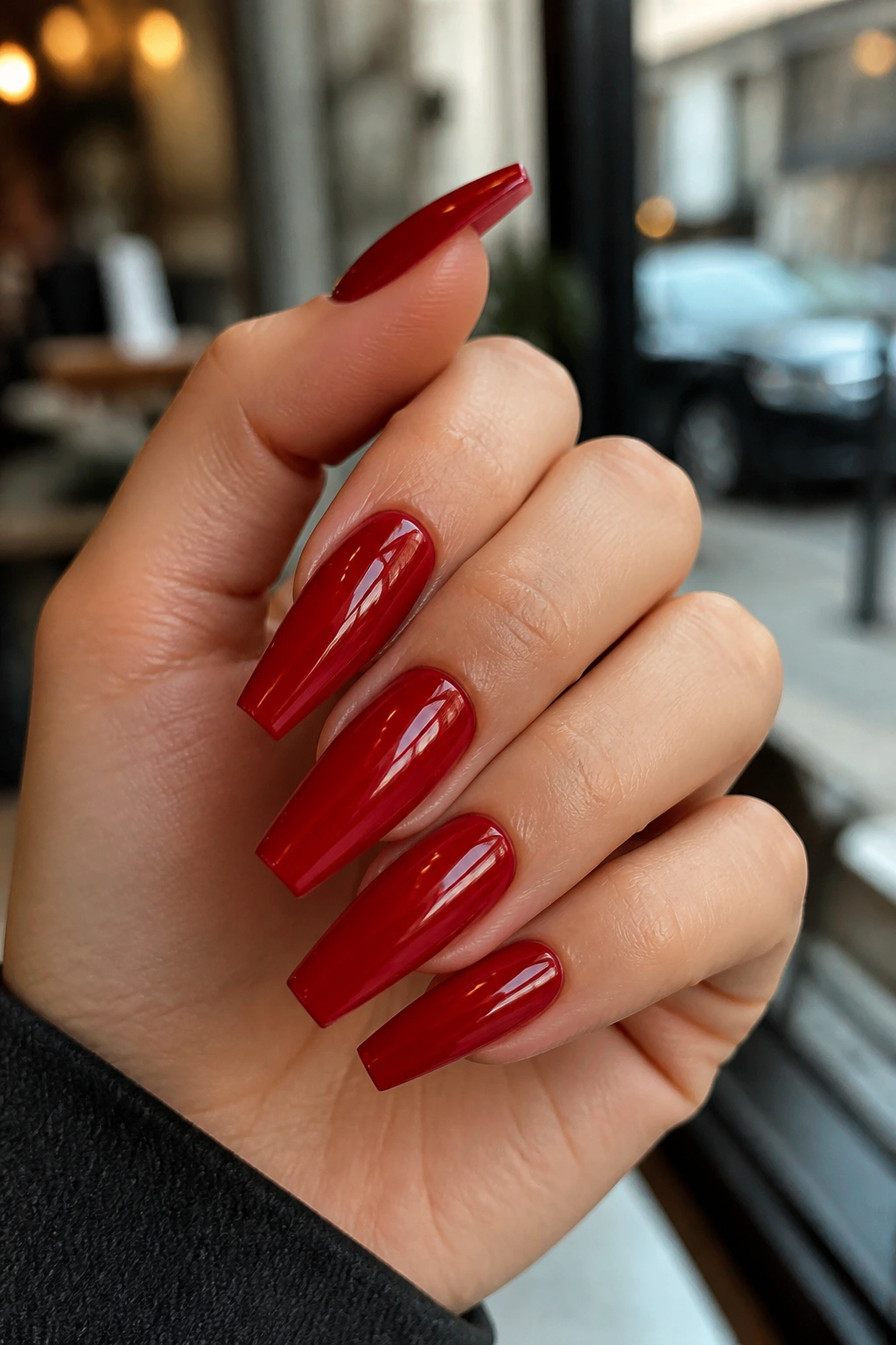 Close-up of glossy cherry red coffin nails on real hand