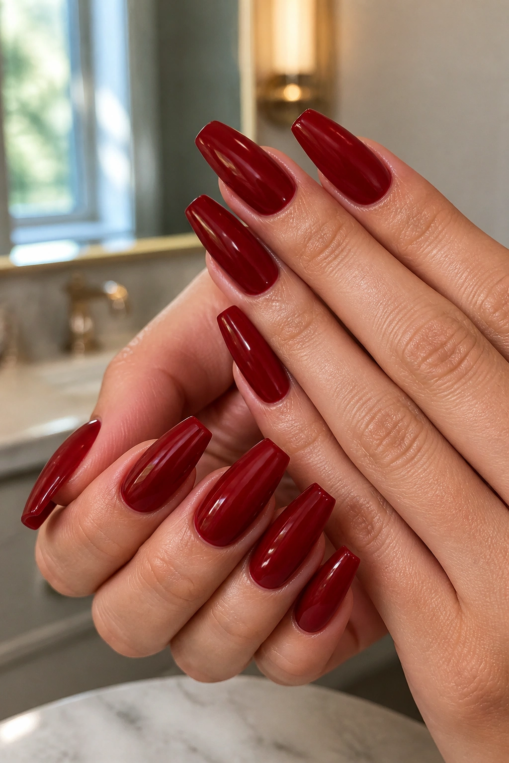 Close-up of real hands with glossy cherry red coffin nails