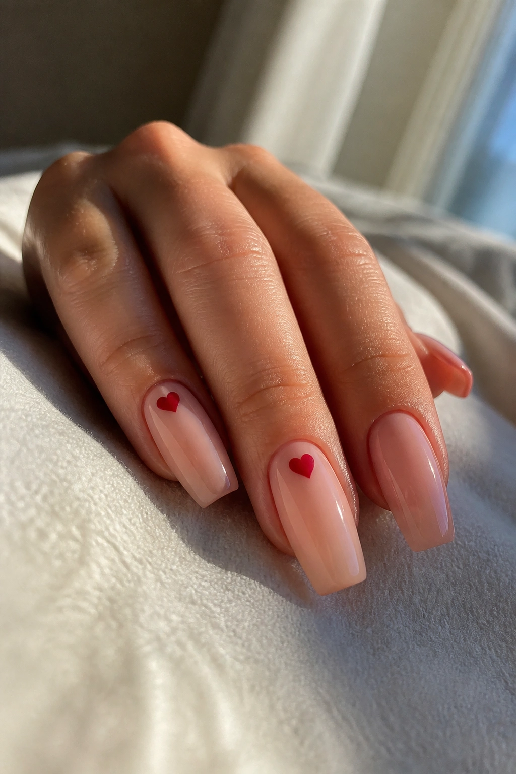 Nails with gloss nude base and tiny cherry red hearts on a couple of coffin nails