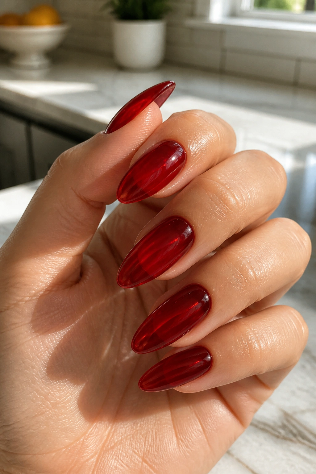 Close-up of long almond jelly nails showing translucent depth on real hand