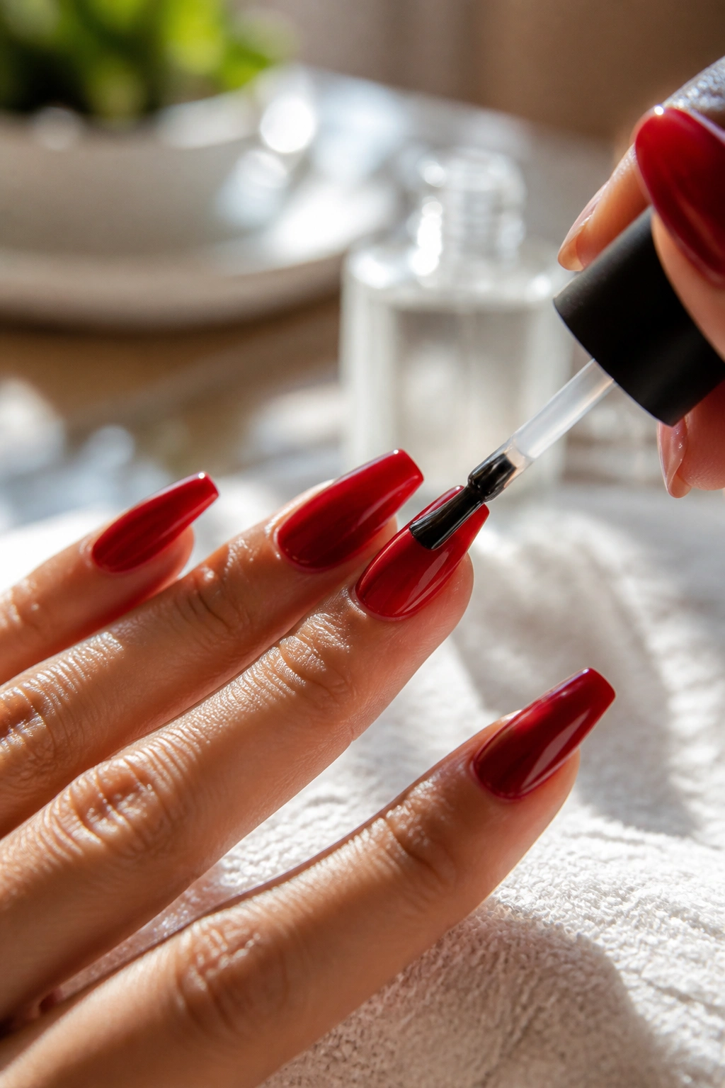 Hand applying top coat to cherry red coffin nails at home