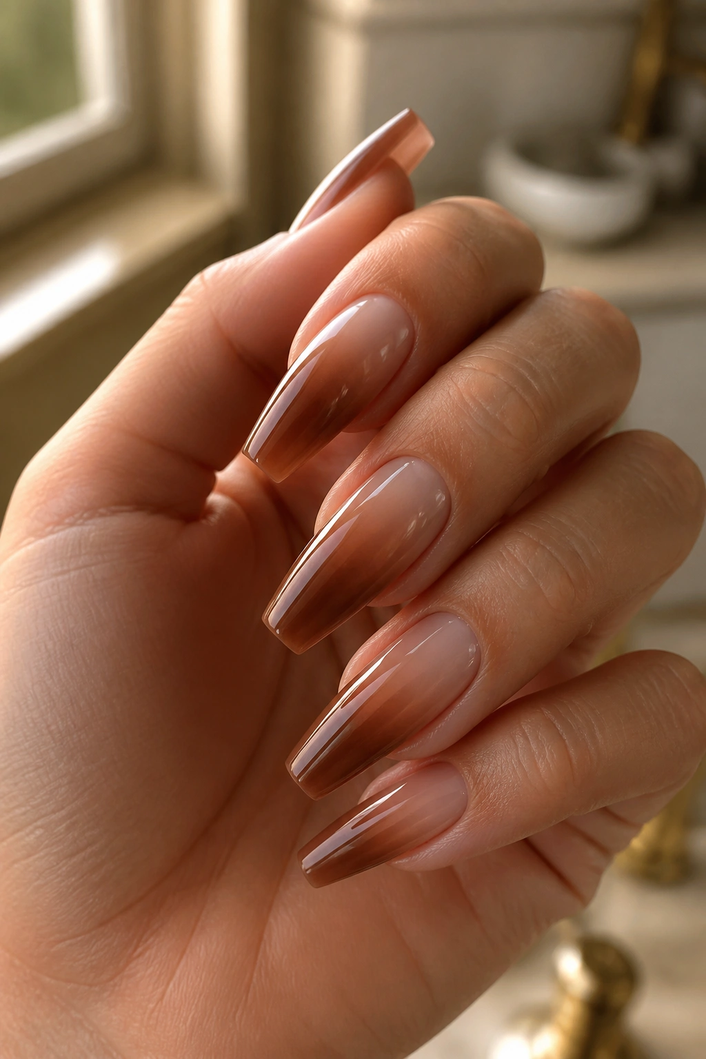 Close-up of hands showing Chestnut French Fade Brown Coffin Nails with warm brown gradient