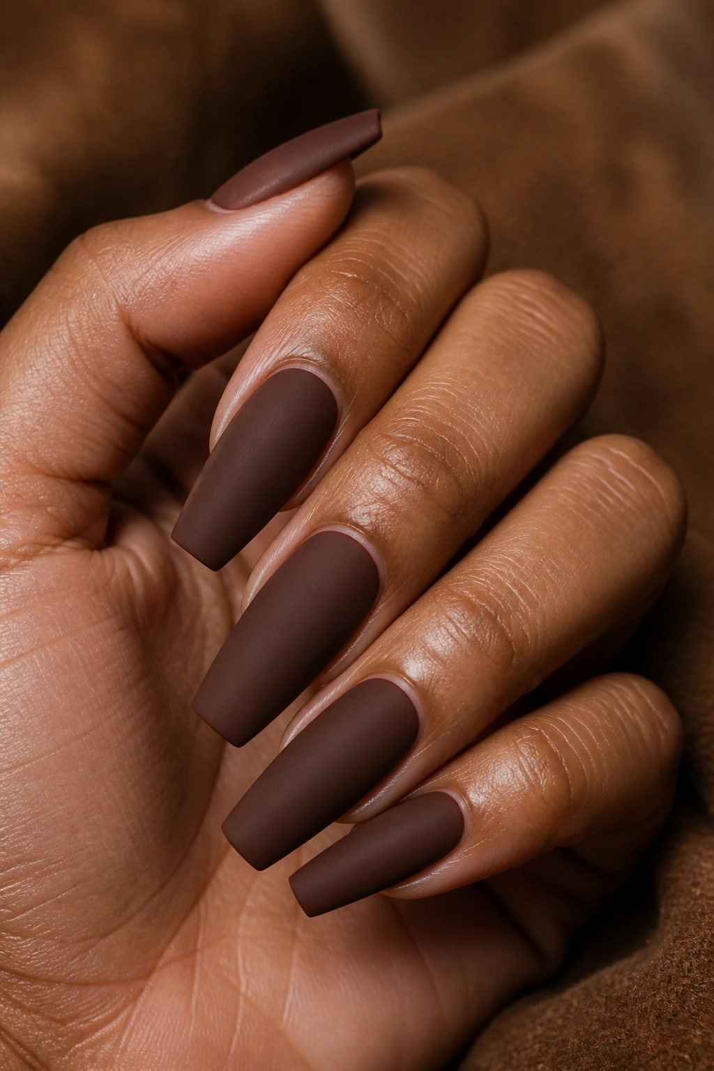 Close-up of chocolate brown matte coffin nails on a hand
