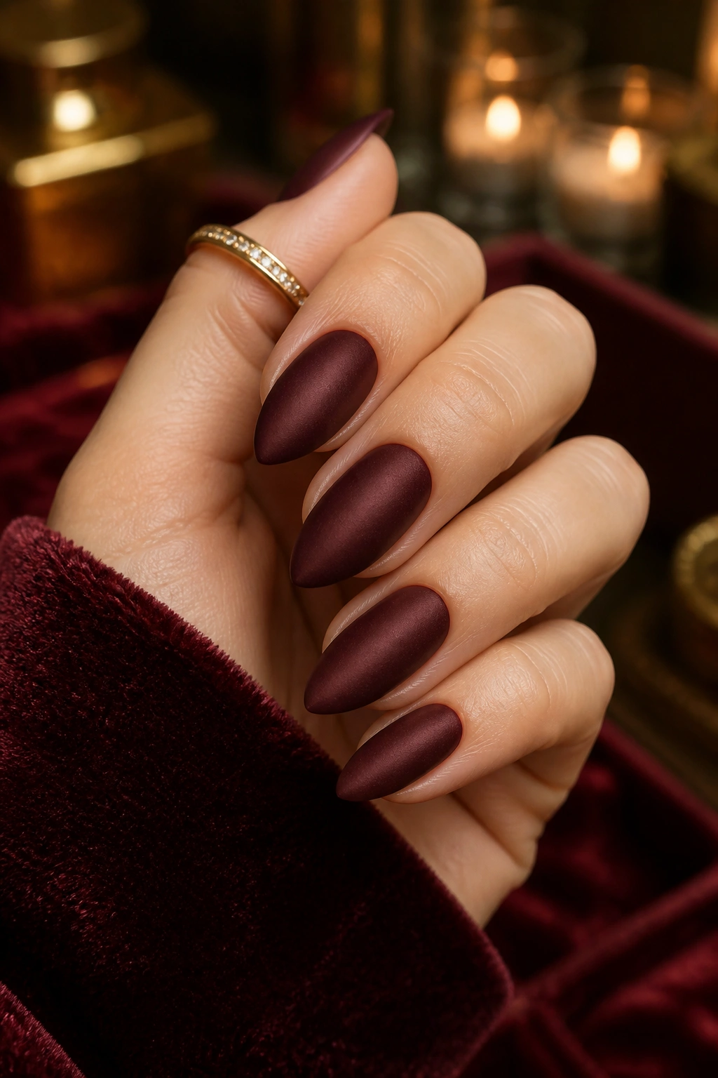 Close-up of chocolate cherry velvet almond nails on a real hand with warm lighting