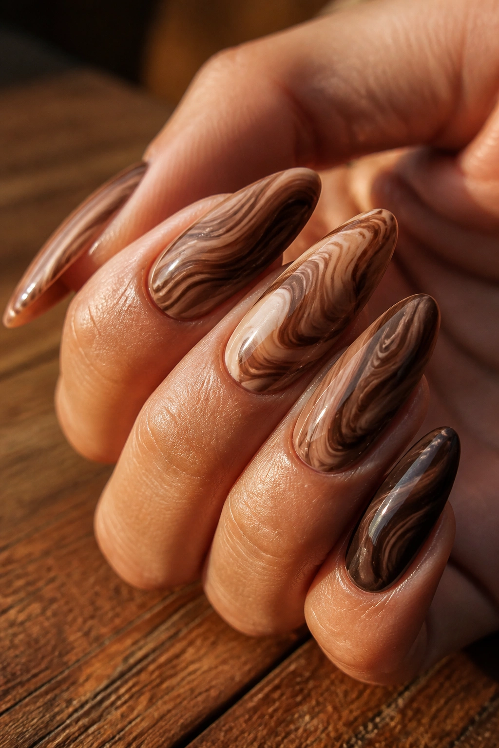 Close-up of almond nails with chocolate swirl marble on hands