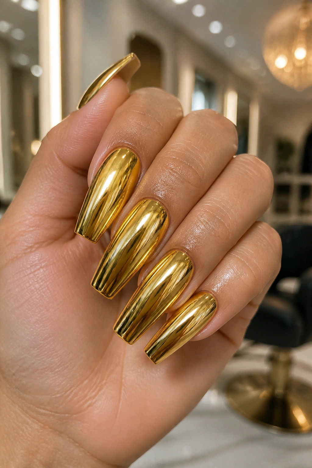 Hands with mirror-finish gold chrome coffin nails close-up