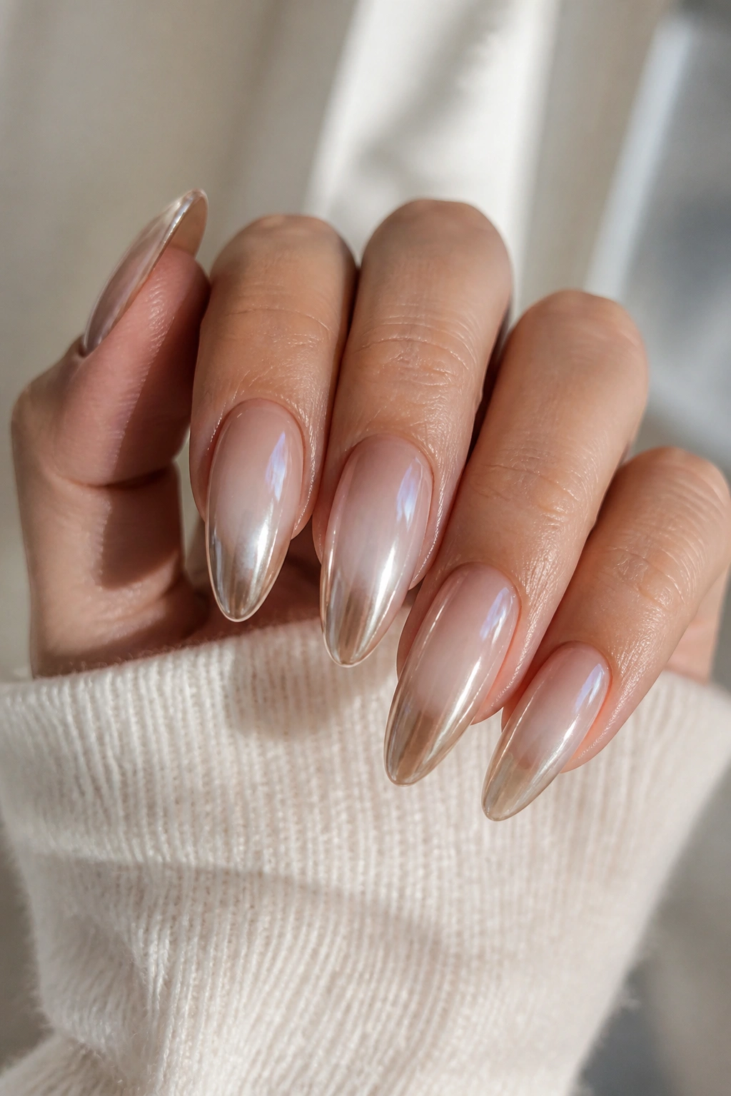 Long almond nails with chrome fade tips