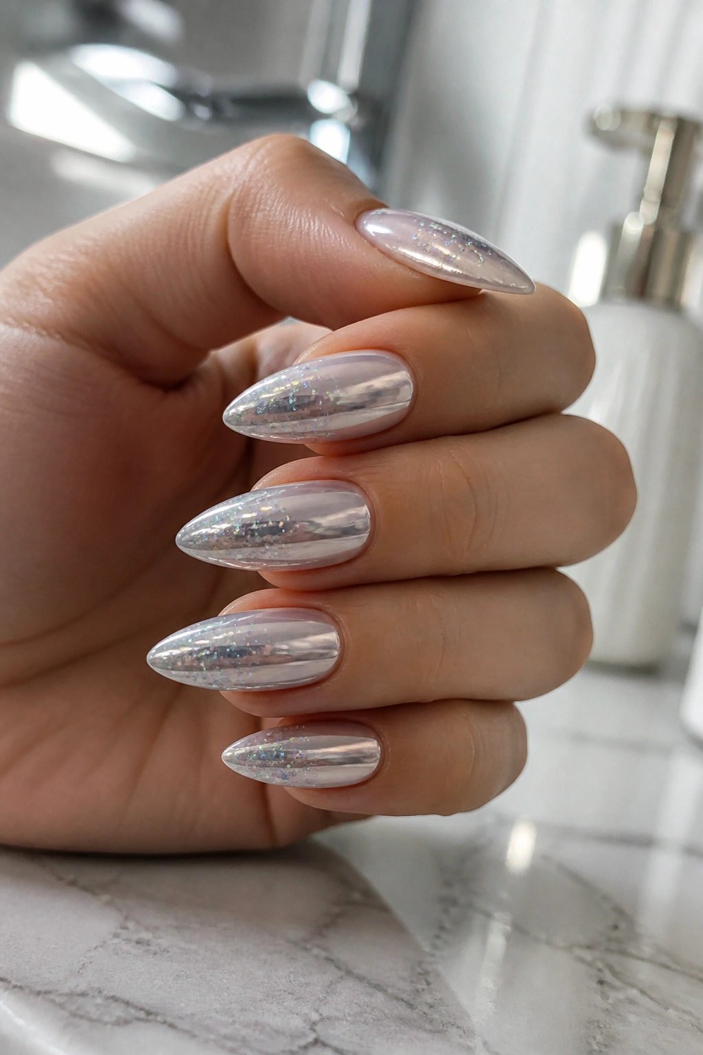 Close-up of almond nails with chrome base and glitter on a real hand