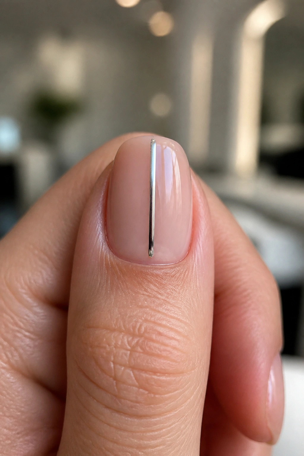 Close-up of a short coffin nail with a vertical chrome line centered