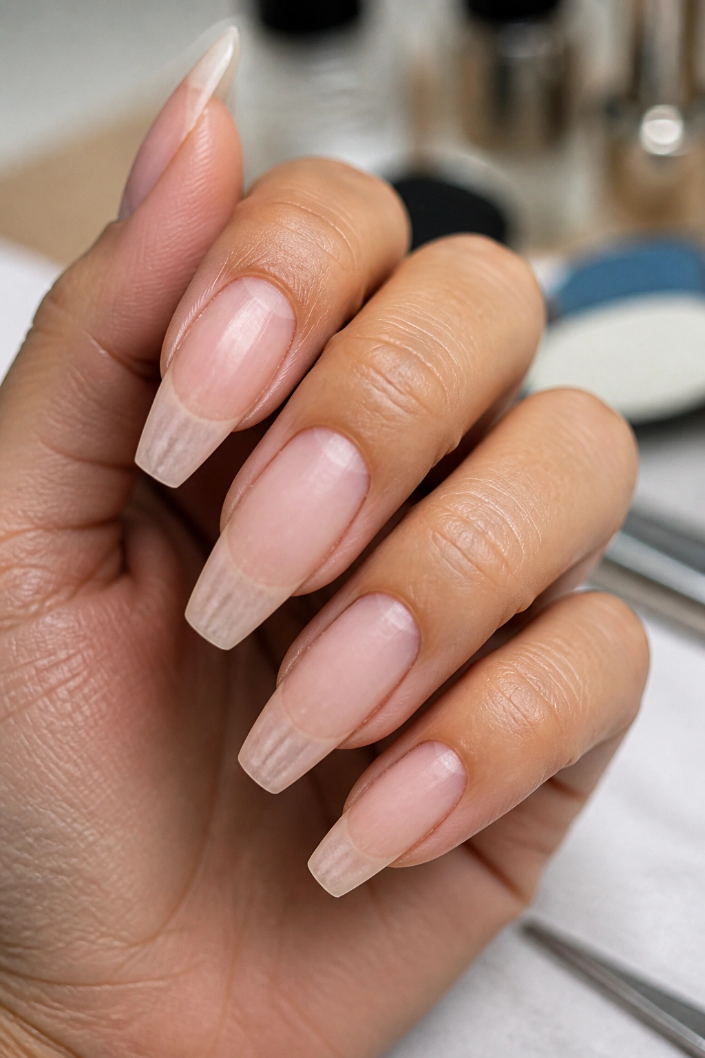 Close-up of a hand with pristine nail prep: smooth surface and clean cuticles.