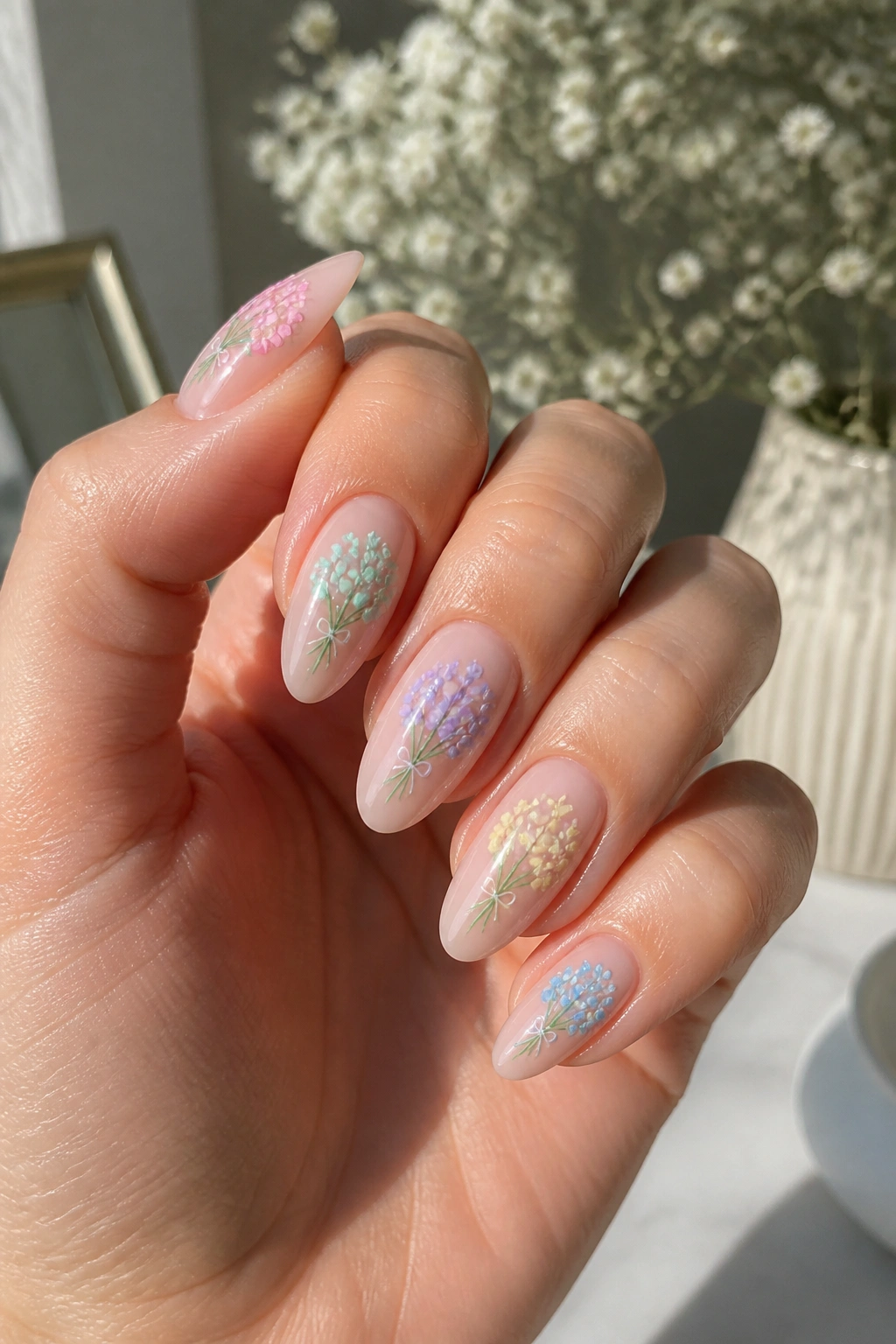 Clear almond nails with pastel bouquets on each nail
