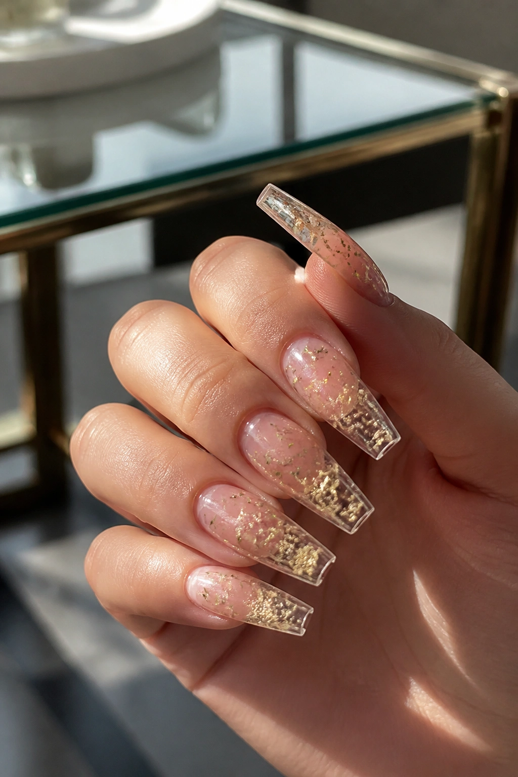 Close-up clear coffin nails with encapsulated gold glitter on a real hand