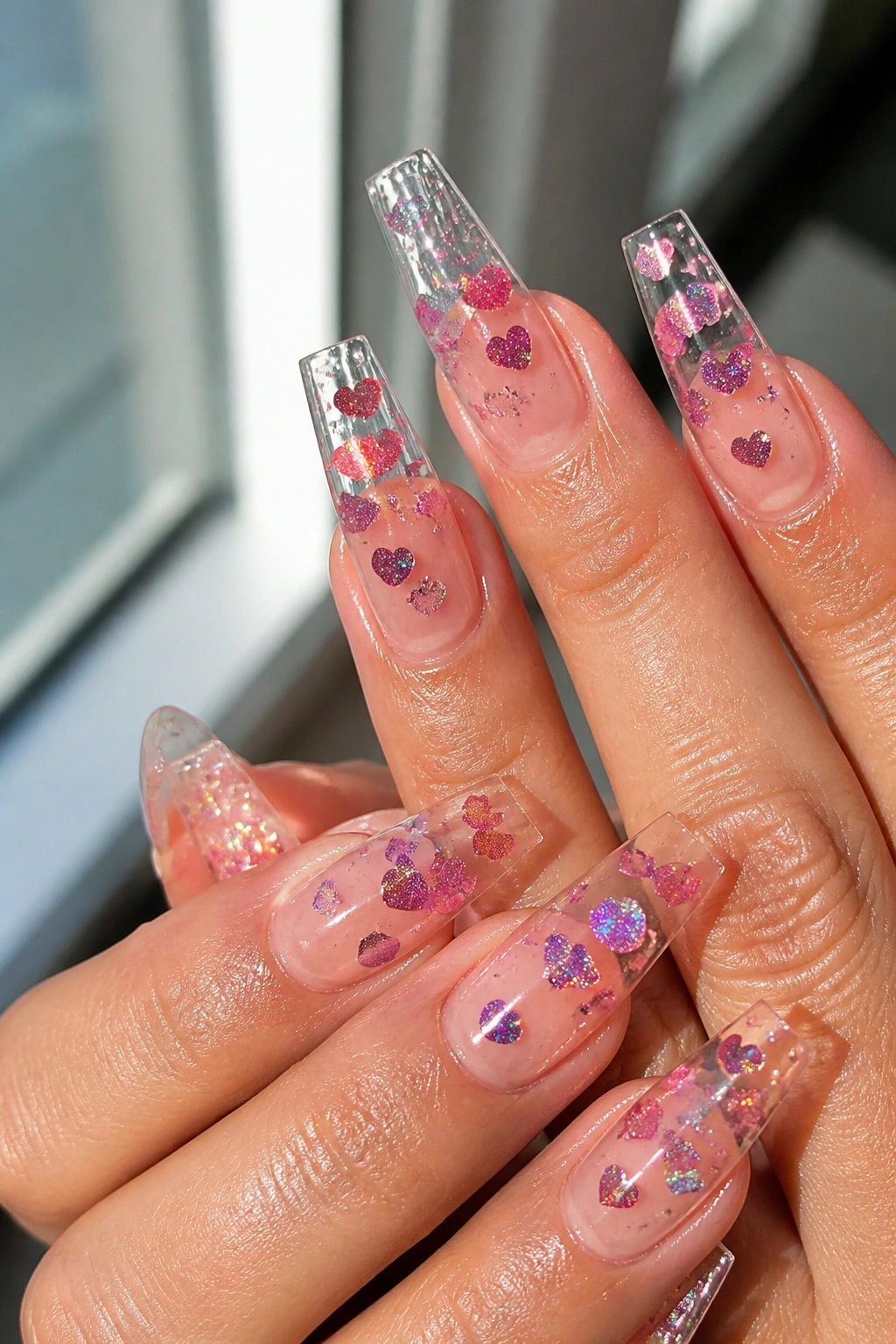 Clear coffin tips with floating glitter hearts