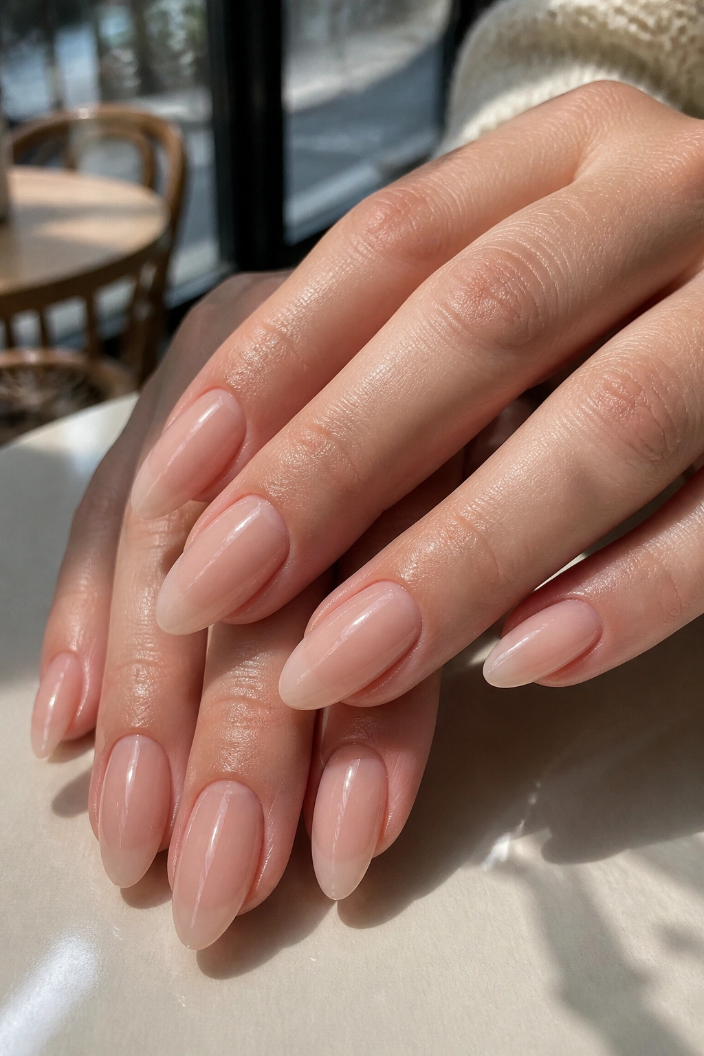 Close-up of real hands with clear gloss nude almond nails in a sunlit cafe