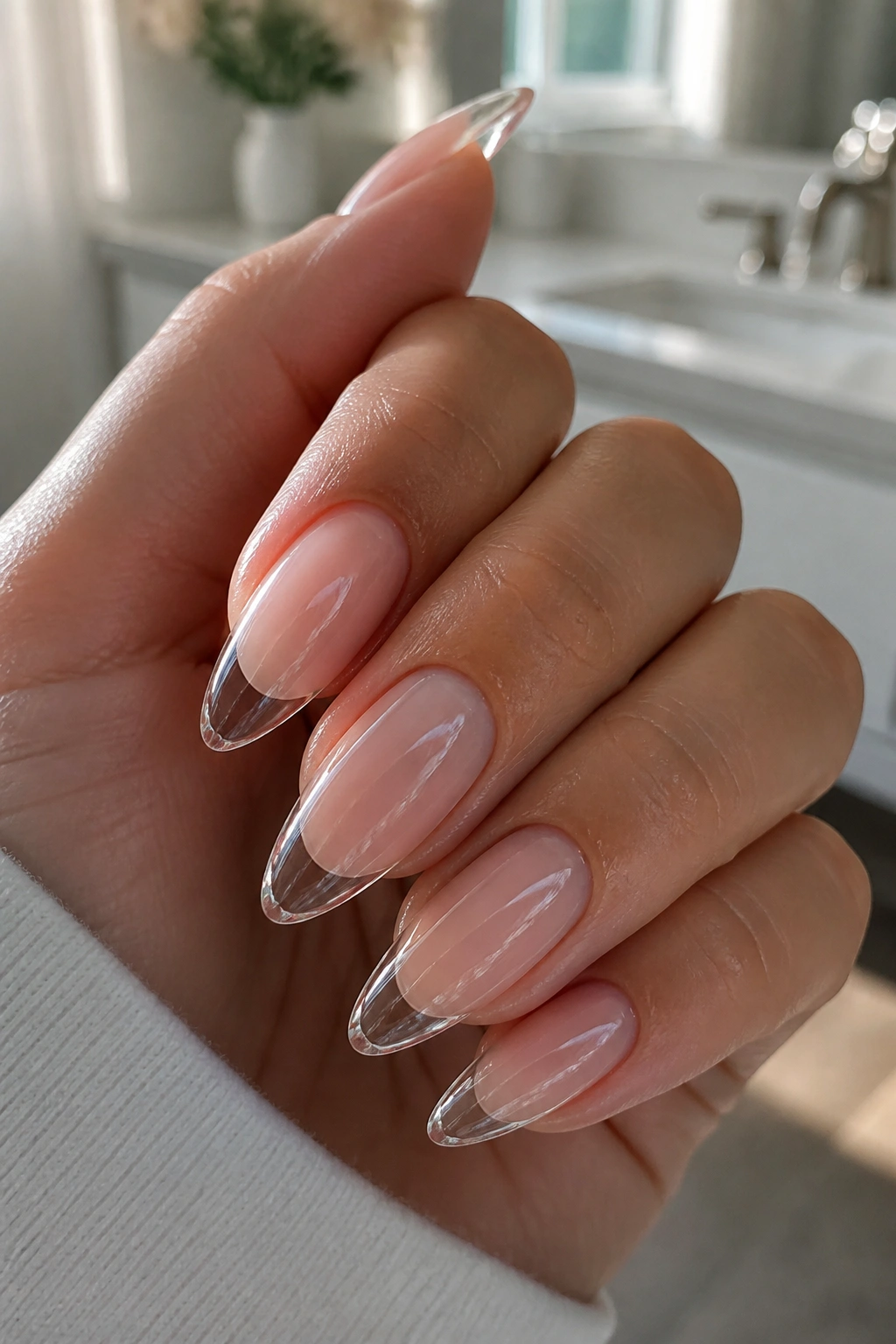 Close-up of almond nails with clear jelly French tips and glossy glass-like tips