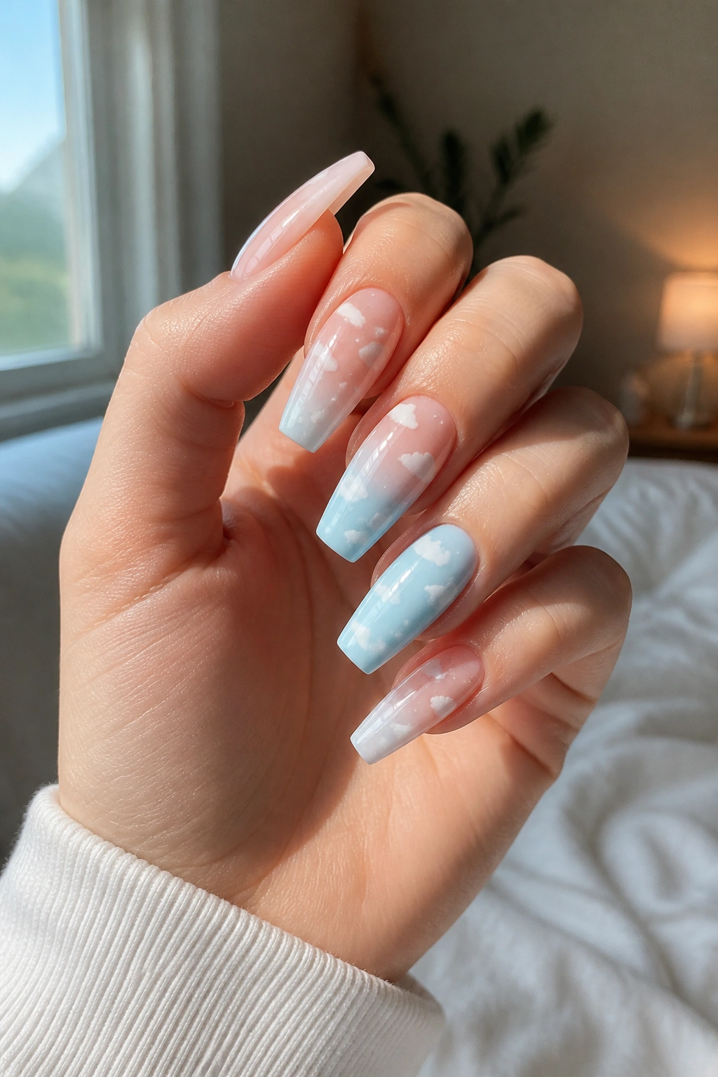 Close-up of coffin nails with soft white cloud art on a sheer base