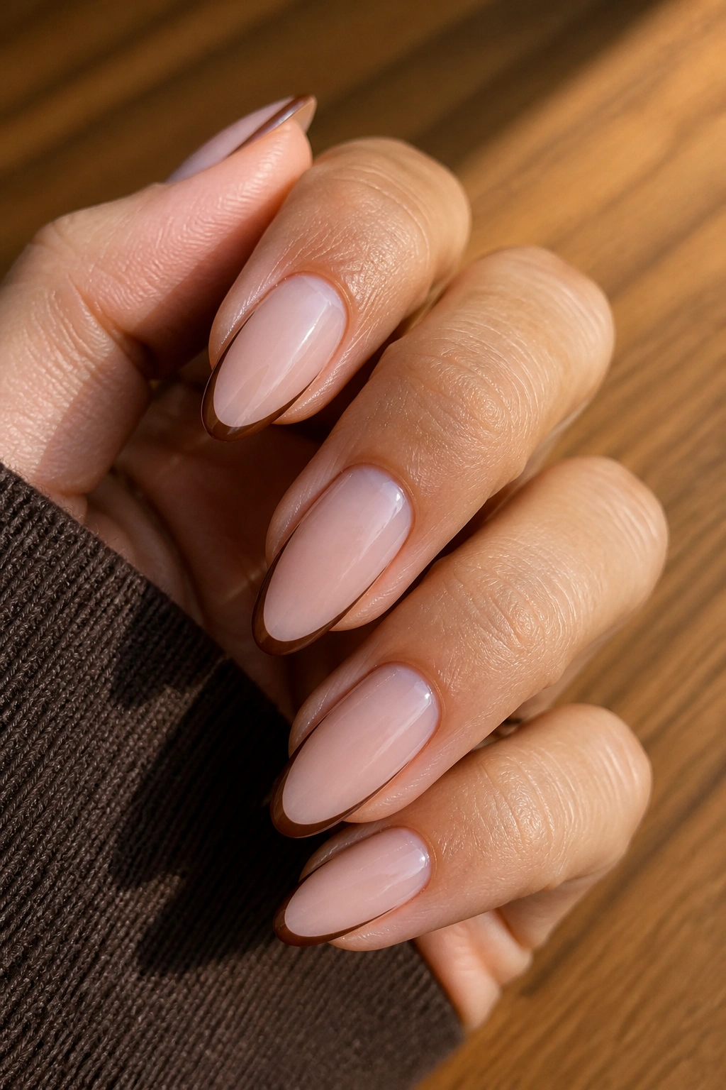 Close-up of almond nails with a fine cocoa outline French manicure on a real hand