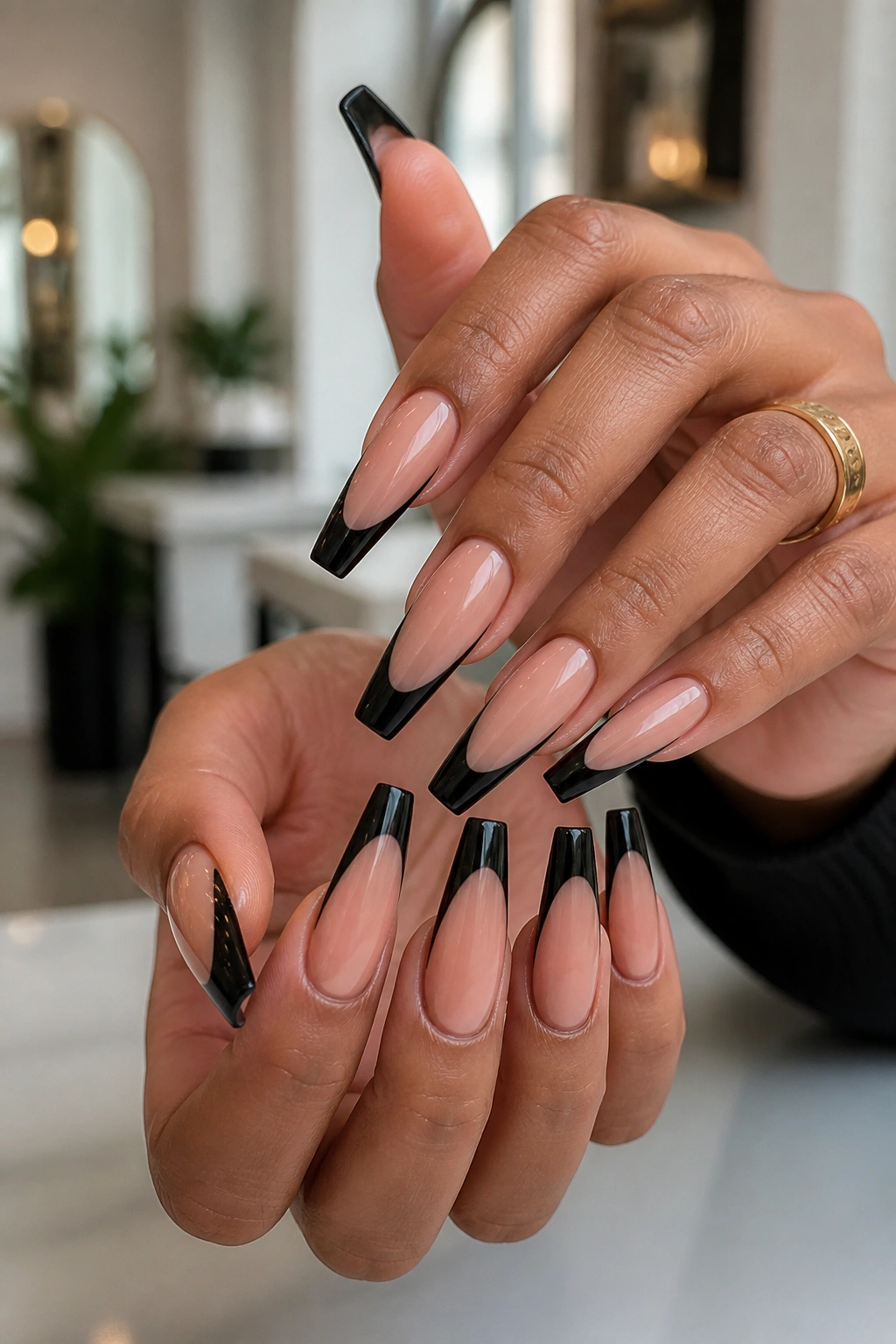 Close-up of long coffin nails with crisp tapered edges