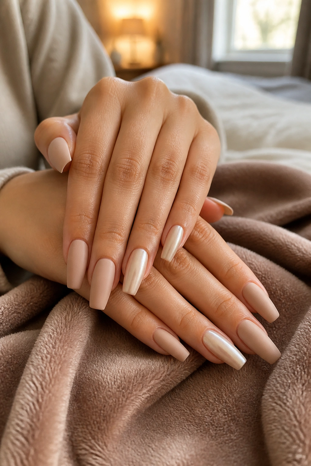 Close-up of hands with medium coffin nails in matte nude with a pearl accent under warm window light